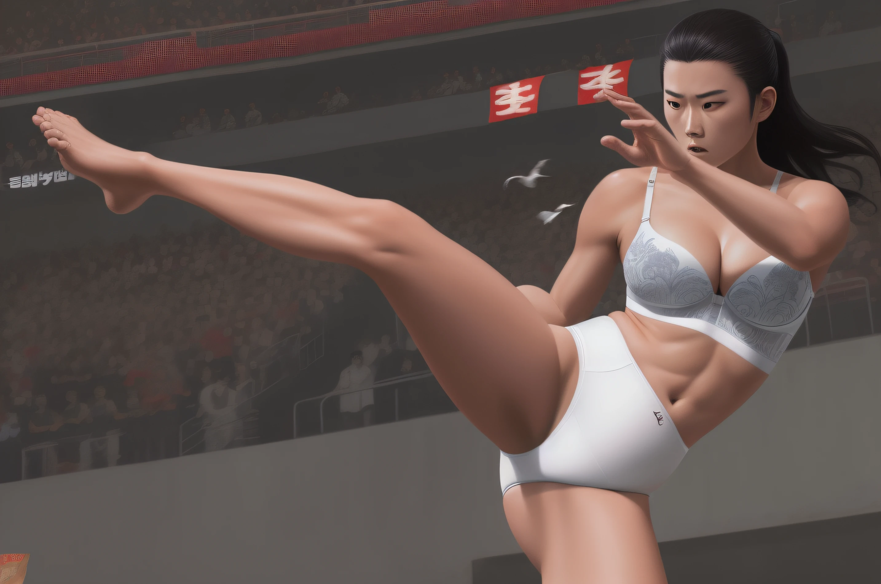 Korean martial arts woman, in white bra, white cotton panties, throwing a high kick, realistic art style, intricate details