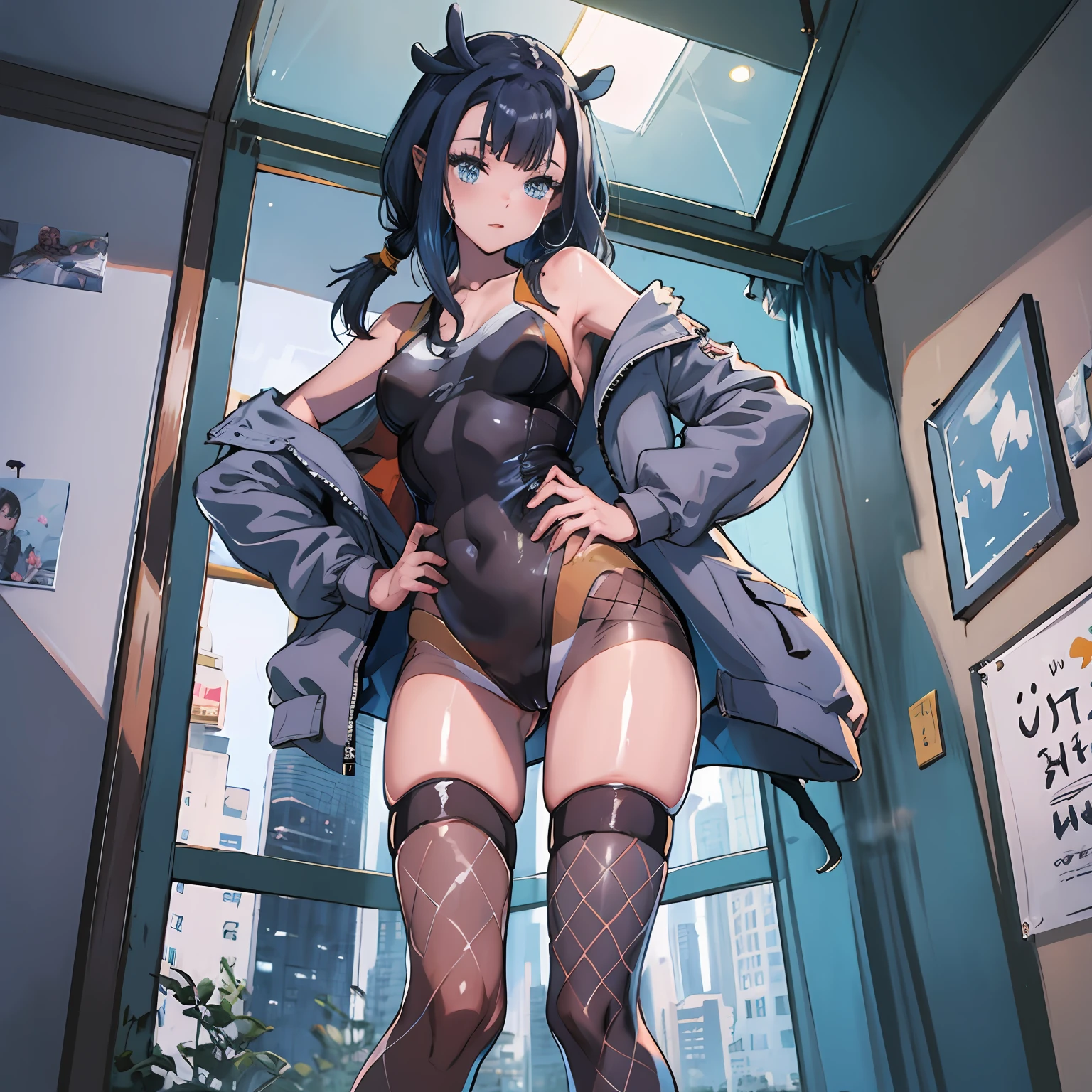 "highleg Leotard, open jacket, masterpiece, fishnet stockings, skyrise, tanlines"