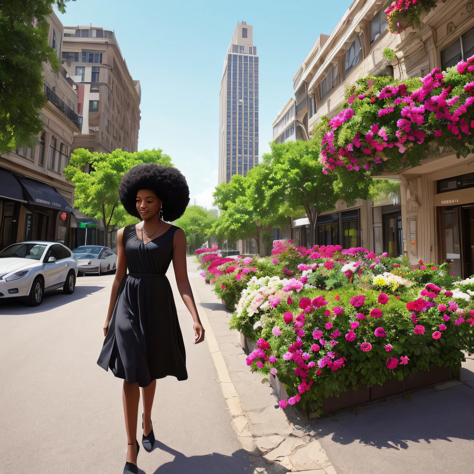 In the midst of an urban jungle, where towering buildings meet the pavement, a stunning transformation begins. Picture a breathtaking AI-generated image: a testament to beauty, strength, and resilience.

In this captivating scene, a magnificent black woman stands tall, her aura commanding attention and respect. Her skin radiates with a deep, rich melanin that tells the stories of her heritage and celebrates the beauty of diversity. From her head, two luscious afro puffs emerge, defying gravity as they proudly reach towards the sky. They symbolize her connection to her roots, her self-expression, and her unapologetic embrace of natural beauty.

But the magic doesn't stop there. To the left of this remarkable woman, a fragile rosebud breaks free from the concrete jungle. Against all odds, it blossoms with vibrant colors, its petals unfolding like a symphony of hope and resilience. This rose, sprouting from the street, symbolizes the triumph over adversity and the resilience of the human spirit.

As you envision this captivating AI-generated image, let the details come to life in your mind's eye. Explore the nuances of the woman's features—the curve of her smile, the glimmer in her eyes, and the confidence in her stance. Observe the intricate texture of her afro puffs as they intertwine with the urban environment, harmoniously merging strength and grace.

Feel free to imagine the surrounding urban landscape, with towering buildings that create a stark contrast against the softness and natural beauty of the woman and the rose. Let your imagination wander, as the power of AI brings this inspiring vision to life on the canvas of your mind.

In this remarkable image, witness the fusion of human resilience and the transformative power of nature. Let it inspire you to celebrate diversity, embrace your roots, and bloom beautifully even in the harshest of environments. --auto