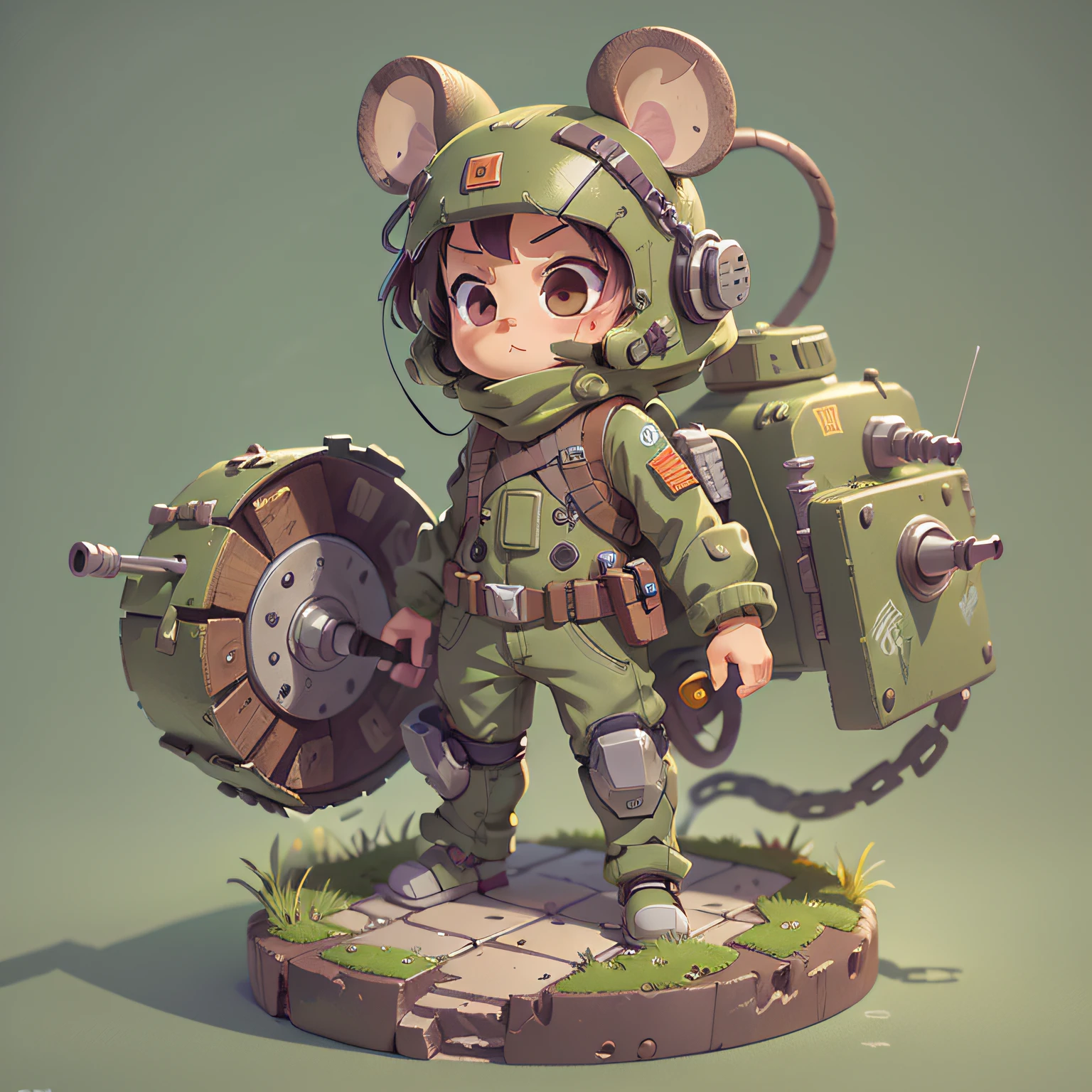 chibi, mouse, war tech tank, bigbadejo, full body, masterpiece, 3D Rendering, Best Quality, Lots of Detail, (plain background), vinyl toy figurine