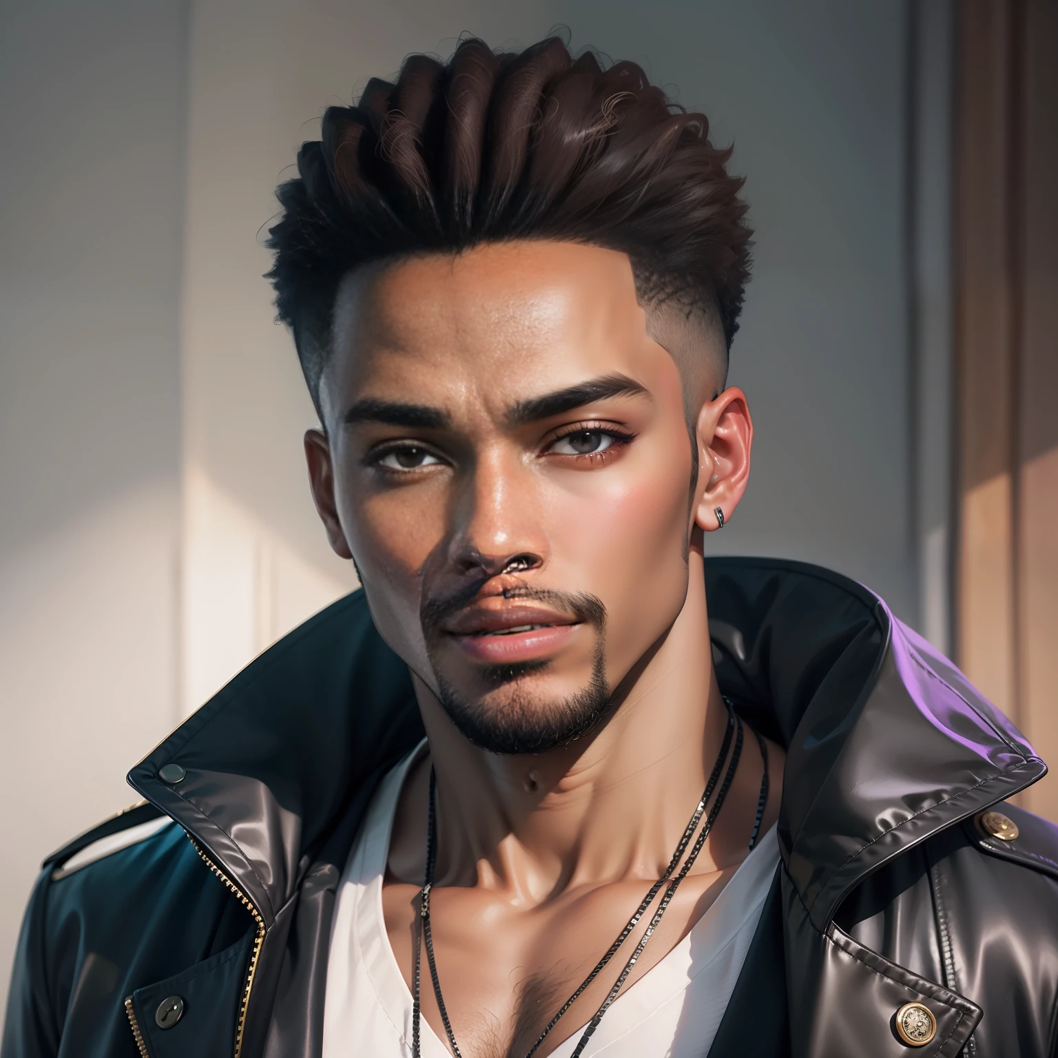 Portrait of a handsome young black man, presenter, closeup face, social clothing