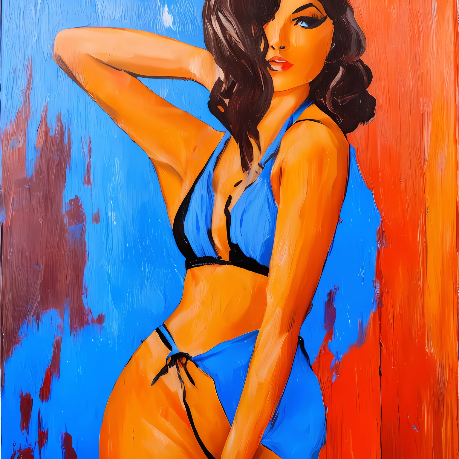 rough and crude oil painting film noir thick brush texture on wood bright colors orange and blue, confident and bold beautiful woman in bathing suit, delicate body contour