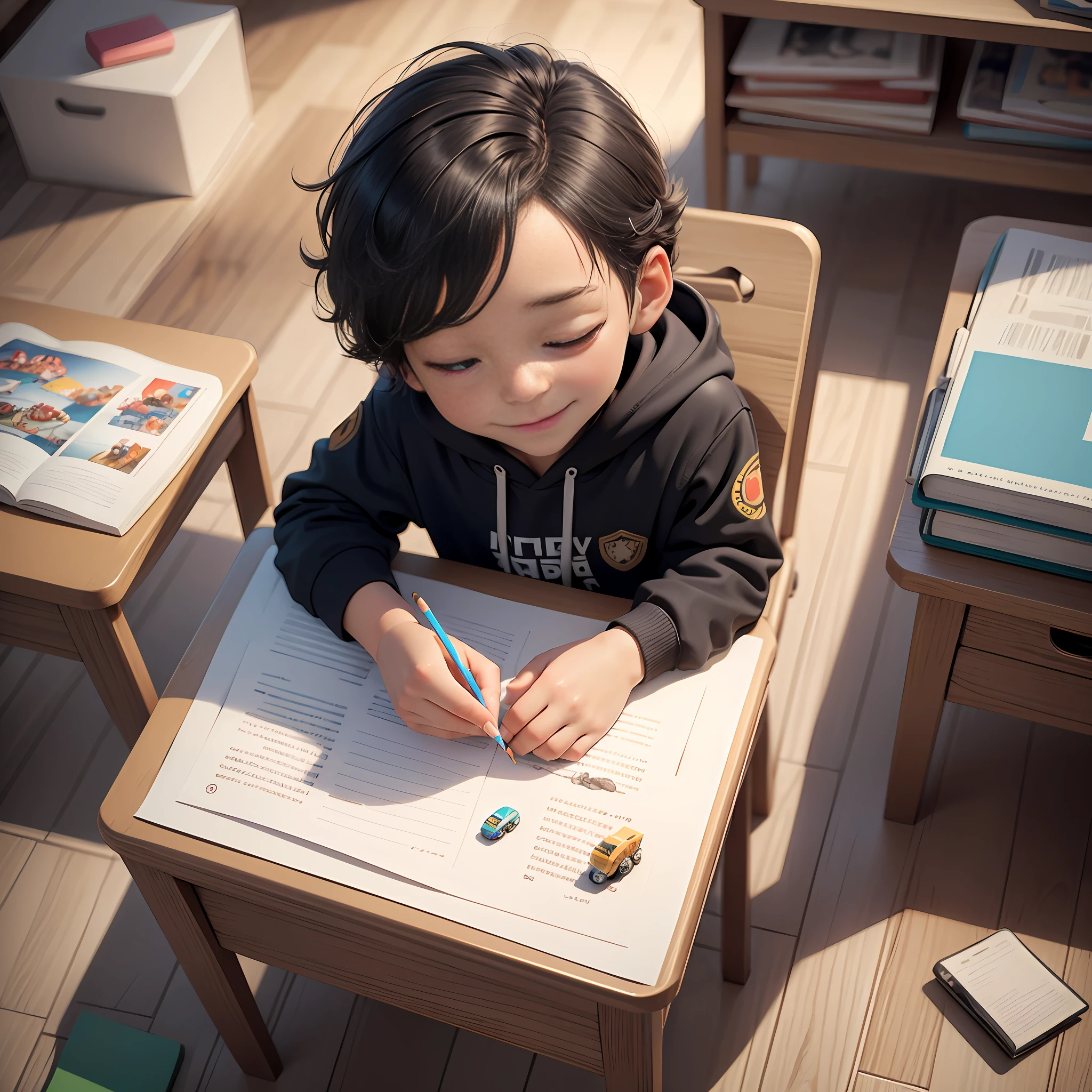 best quality,masterpiece,extremely detailed skin,8k,ultra-detailed,high solution,1boy,4 years old,cute,hoodie,((solo)),((sleeping on desk)),(white small desk),books,tea milk cup,crisps,fan,Crayons,wacom,detailed headphone,in bedroom,smiling,messy desk,messy floor,toy cars,toy planes,(view from above:1.2)