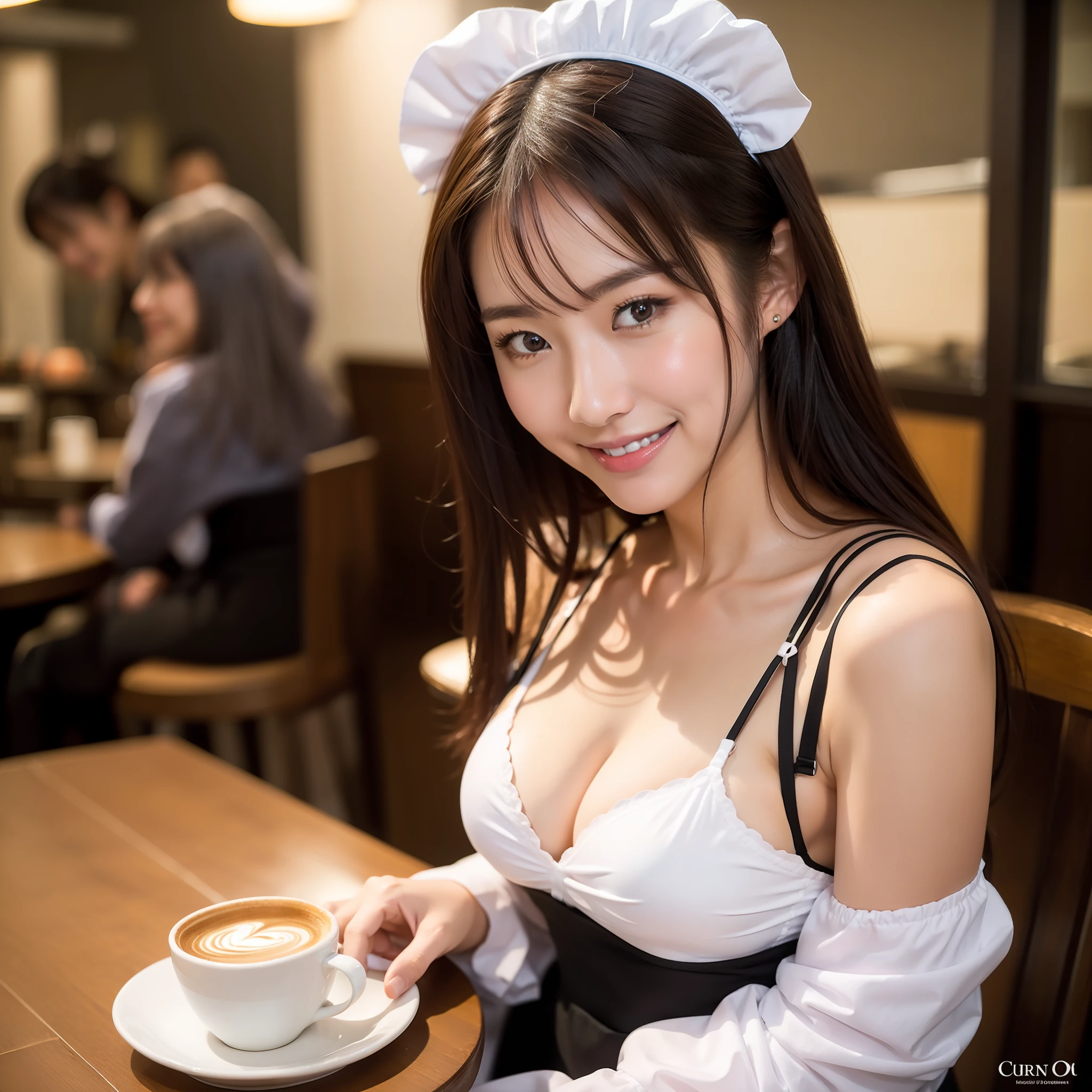 Japan woman, (RAW photo, top quality, masterpiece: 1), high definition RAW color photo, professional photo, (realistic, realistic photo: 1.37), cinematic light, 1, cleavage, maid, cosplay, unforgettable smile, sitting close to the cameraman, hugging the cameraman, maid café, inside the coffee shop, mouth wide open, aang, cameraman's hand on chest,