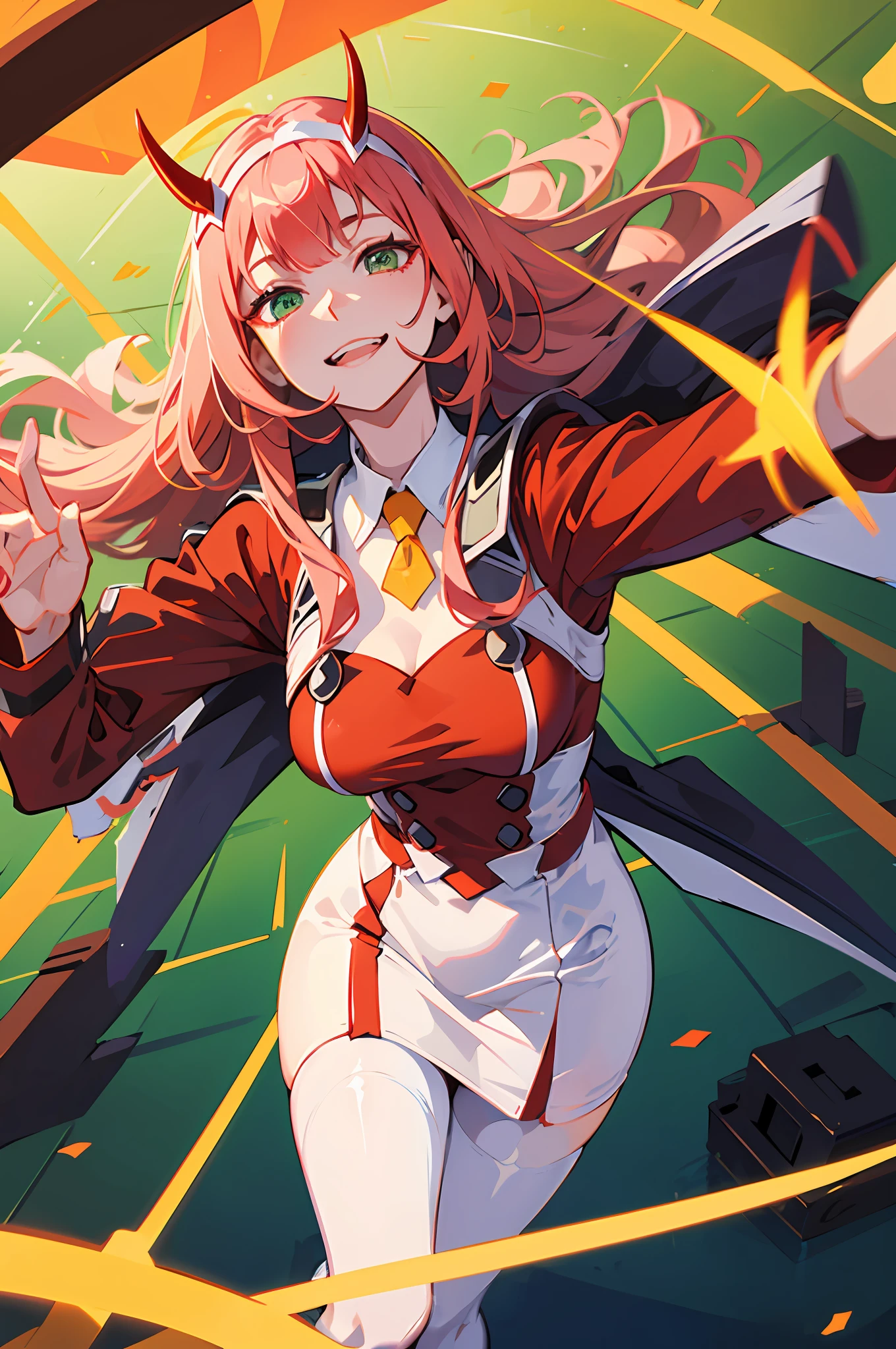 zero two \(darling on franxx\), darling on franxx, 1girl, fringe, selfie, smiling, biting, shadow, green eyes, hair behind head, horns, long hair, makeup, small breasts, red dress, orange tie, belt, red long sleeve, pantyhose, pink hair, red eyeshadow, science fiction, tight skin, solo