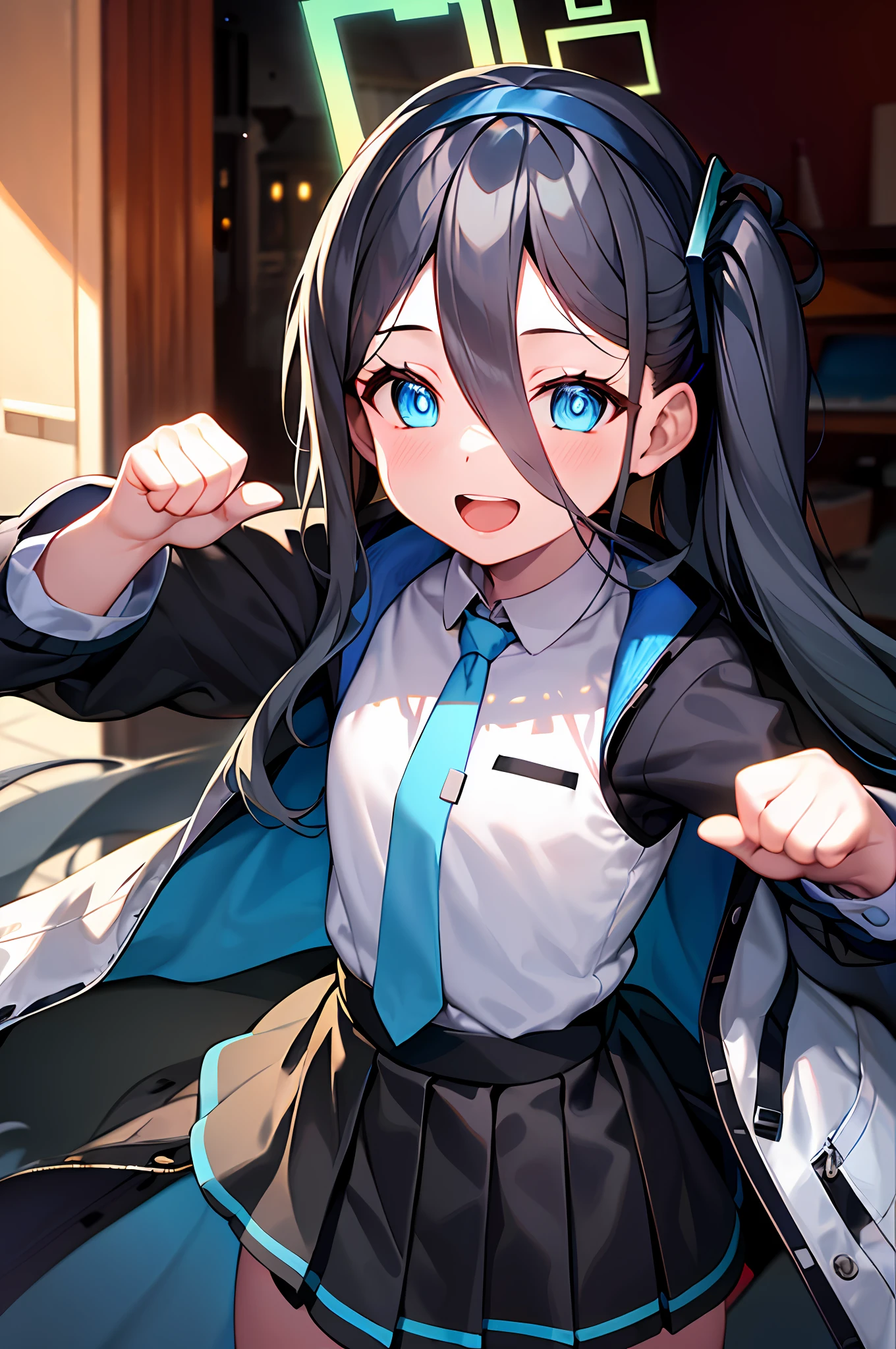 pureerosface_v1:0.66), best quality, ultra high definition, (photorealistic: 1.4), one girl, fine eyes, dark-eyed makeup, slim waist, blush, K-pop idol, (charm: 1.0), fine-eyed makeup, puffy eyes, solo, perfect ???????, (big), (slender), (black hair: 1), (watch viewers). (original_alice), (light blue tie), (marine blue eyes), (zhuo),(alice_halo:0.7),(blue halo),(smile),(happy),(pigtails),(long hair),(long bangs),(blue archive),(black hair band),(long coat),(school uniform),(white long-sleeved shirt),(pleated skirt),(navy blue skirt), depth of field, facial details, skin luster, beautiful eyes, dark eye makeup, slim waist, blush, fine eye makeup, solo, perfect ???????.fighting stance.clenching fists.night.room.