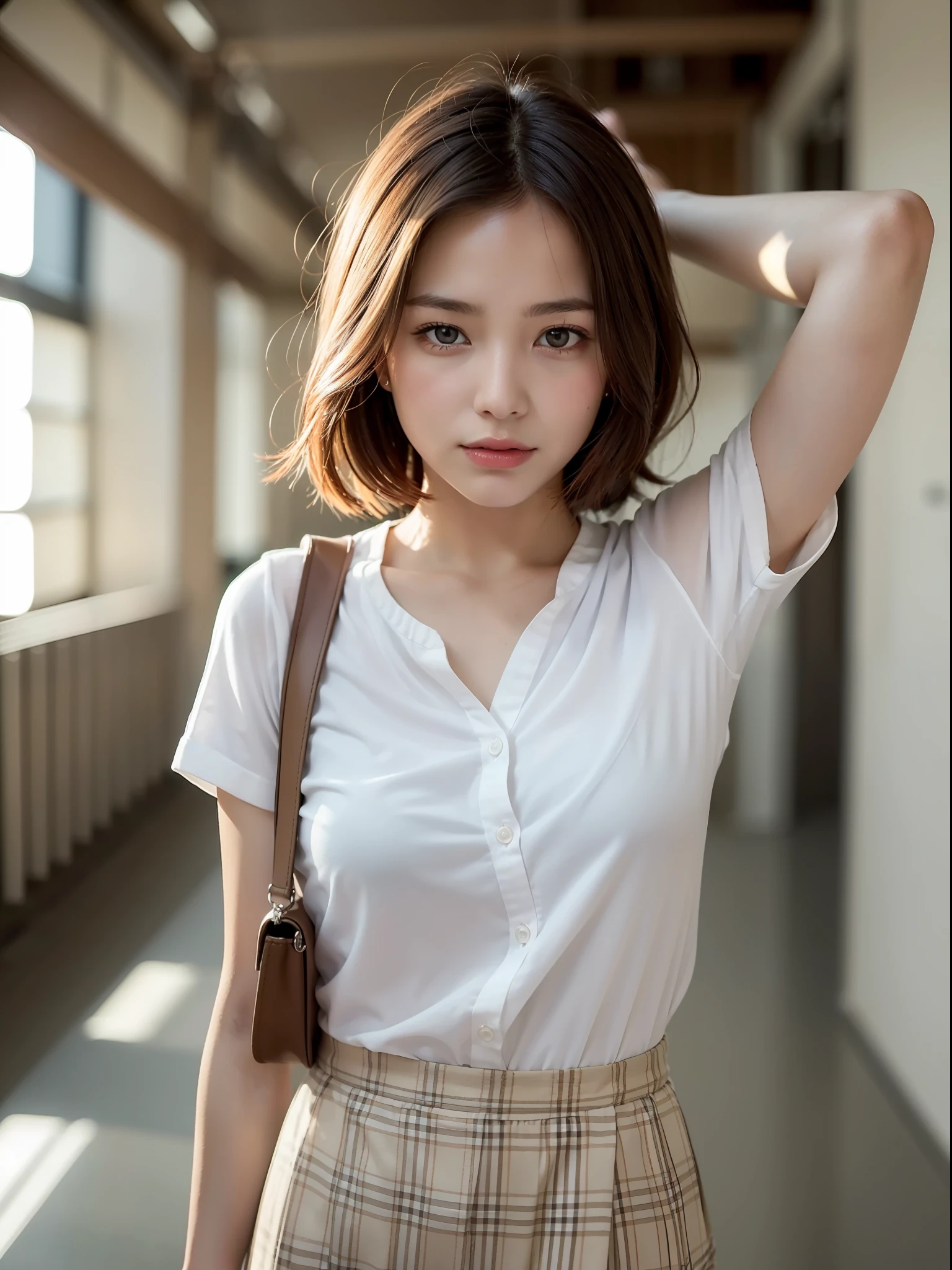 ((Best quality, 8k, Masterpiece: 1.3, raw photo)), Sharp focus: 1.2, (1 aespa girl: 1.1), (realistic, photo-realistic:1.37), (face focus: 1.1), cute face, kindness, small breasts, flat chest, short messy hair, walking, arms up, white summer casual shirt, skirt, office, sunlight, cinematic lighting