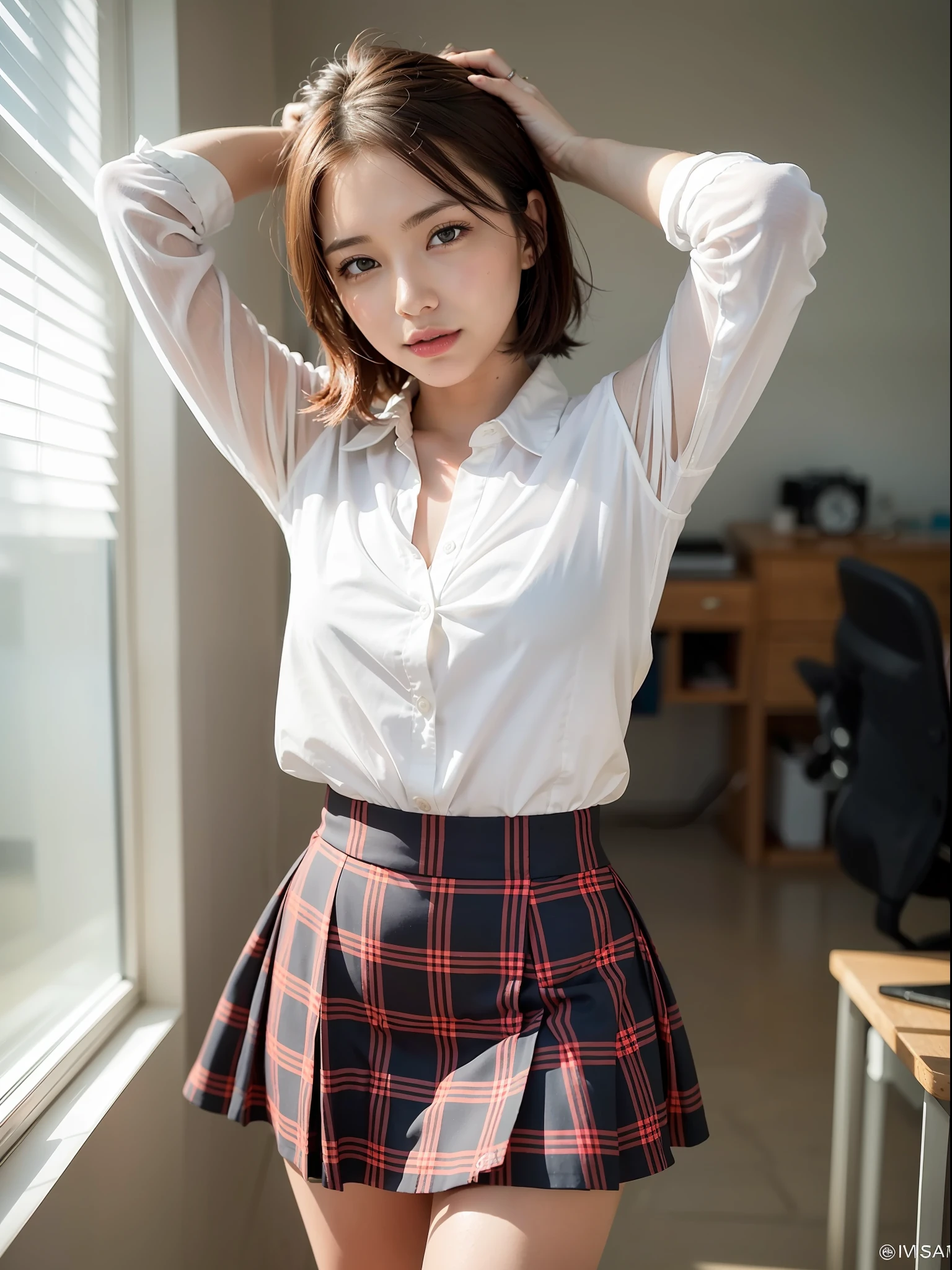 ((Best quality, 8k, Masterpiece: 1.3, raw photo)), Sharp focus: 1.2, (1 aespa girl: 1.1), (realistic, photo-realistic:1.37), (face focus: 1.1), cute face, kindness, small breasts, flat chest, short messy hair, walking, arms up, white summer casual shirt, skirt, office, sunlight, cinematic lighting