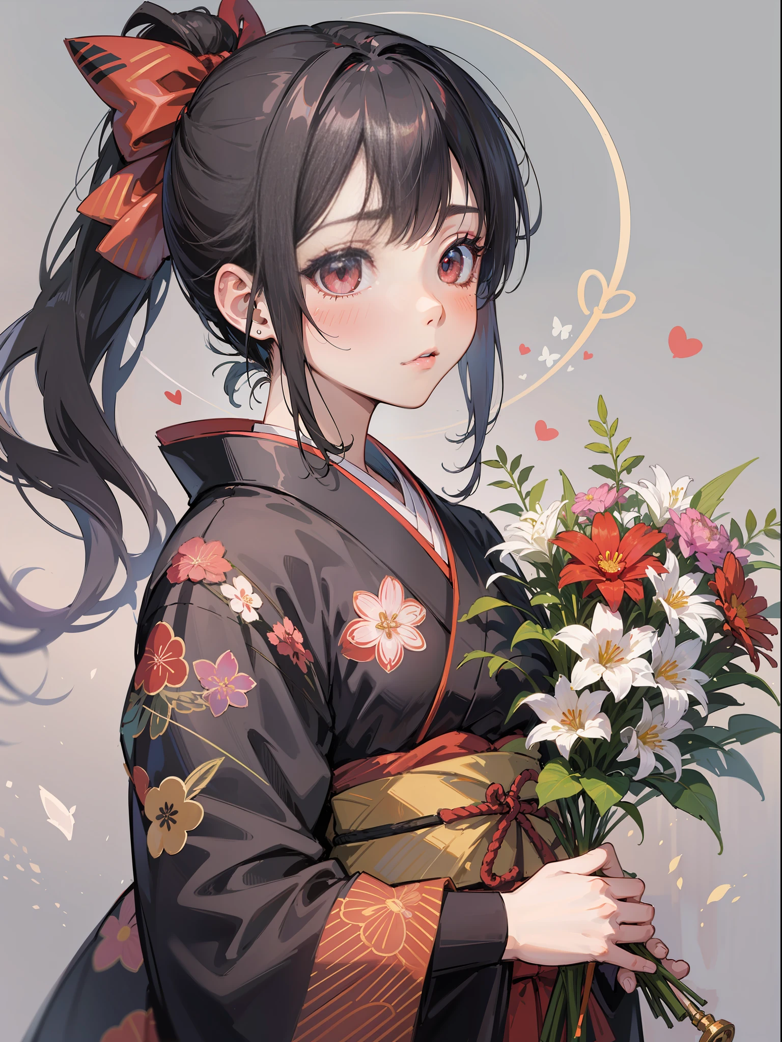 Masterpiece, super high quality, super detail, perfect drawing, solo, beautiful girl, black ponytail, hair tied with a big red ribbon, samurai costume, kimono, hanging eyes but cute, blush: (0.2), equipped with two Japan swords, holding a big bouquet, bouquet with love, bouquet to you,