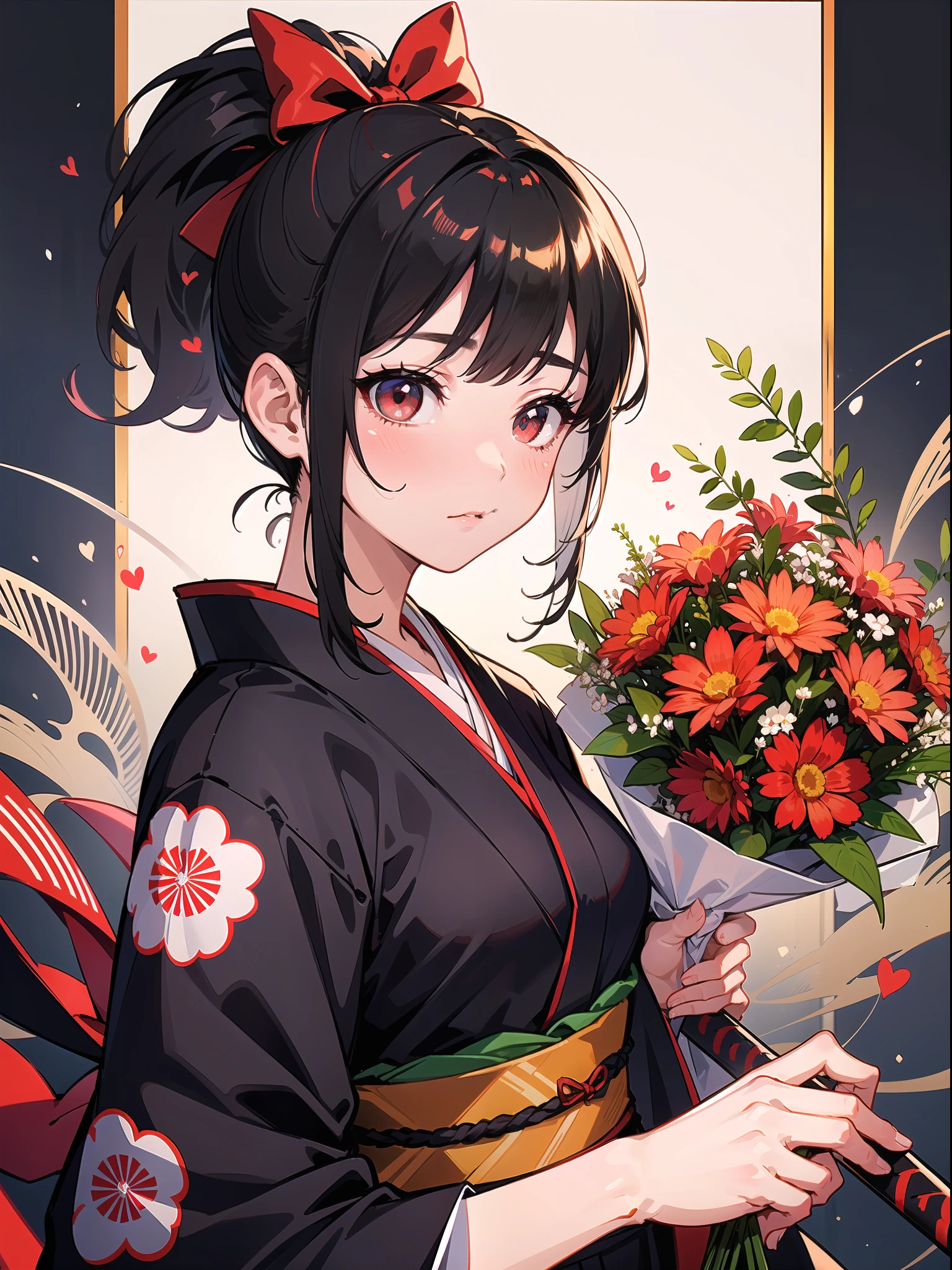 Masterpiece, super high quality, super detail, perfect drawing, solo, beautiful girl, black ponytail, hair tied with a big red ribbon, samurai costume, kimono, hanging eyes but cute, blush: (0.2), equipped with two Japan swords, holding a big bouquet, bouquet with love, bouquet to you,