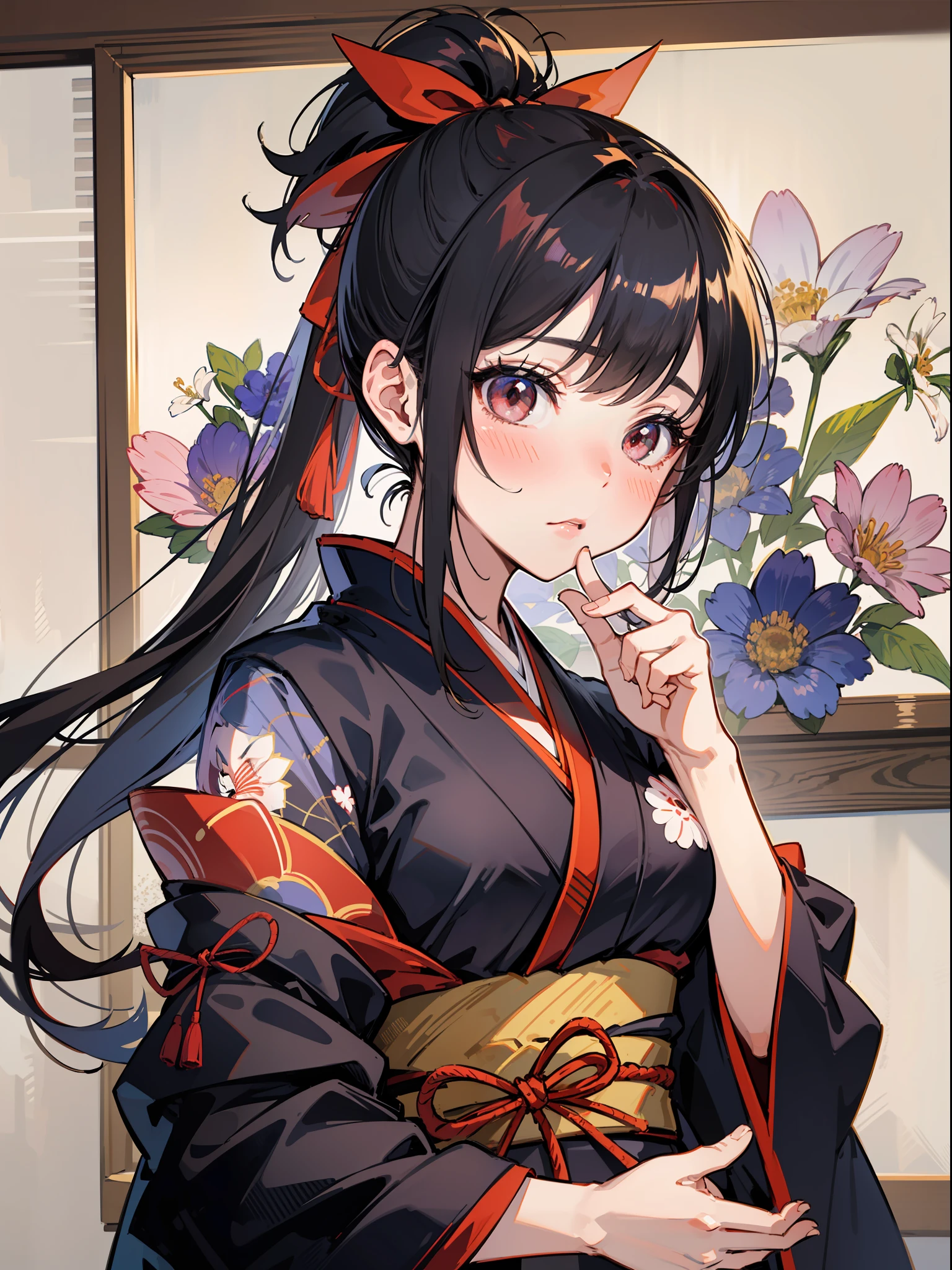 Masterpiece, super high quality, super detail, perfect drawing, solo, beautiful girl, black ponytail, hair tied with a big red ribbon, samurai costume, kimono, hanging eyes but cute, blush: (0.2), equipped with two Japan swords, holding a big bouquet, bouquet with love, bouquet to you,