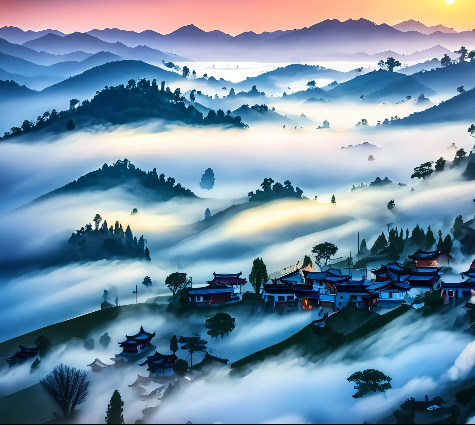 fog covers a small town in the mountains with a bird flying over it, misty ghost town, with fog, foggy landscape, magical white fog, misty mountains, mist below buildings, beauty fog, misty clouds, dreamy chinese town, misty and foggy, magical fog, (mist), mist in valley, shrouded in mist, foggy area, misty fog