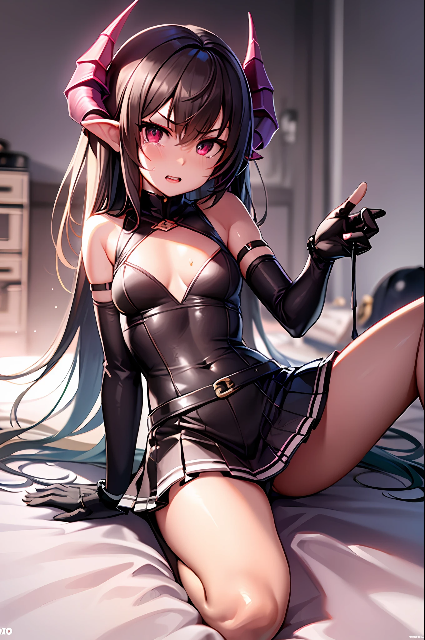 Hiding pants with skirt with hands between legs, girls front, very beautiful detailed anime face and eyes, realistic, focus on eyes, beautiful detailed full body, girl, baby hair, messy hair, crying bangs, disheveled hair, delicate face line, baby face, nyes, flat_chest,, grand space, floating, divine light, absurd, art book, highly detailed 8k wallpaper, breasts are big, absolute area, good style, big eyes, eyes are beautiful, high quality, 4k, idol, background is fantastic, focus on eyes, upper eyes, shy, eyes hanging eyes, octocrad, angry, cool, angle of pull, top quality, very detailed picture, eyes melting, fascinating, inviting, flushed, brown, tanned, Double teeth, seductive, anime character taking pictures in bed, 3DCG, zero-chan art, horns like succubus, eyes are yellow, whole body is visible
