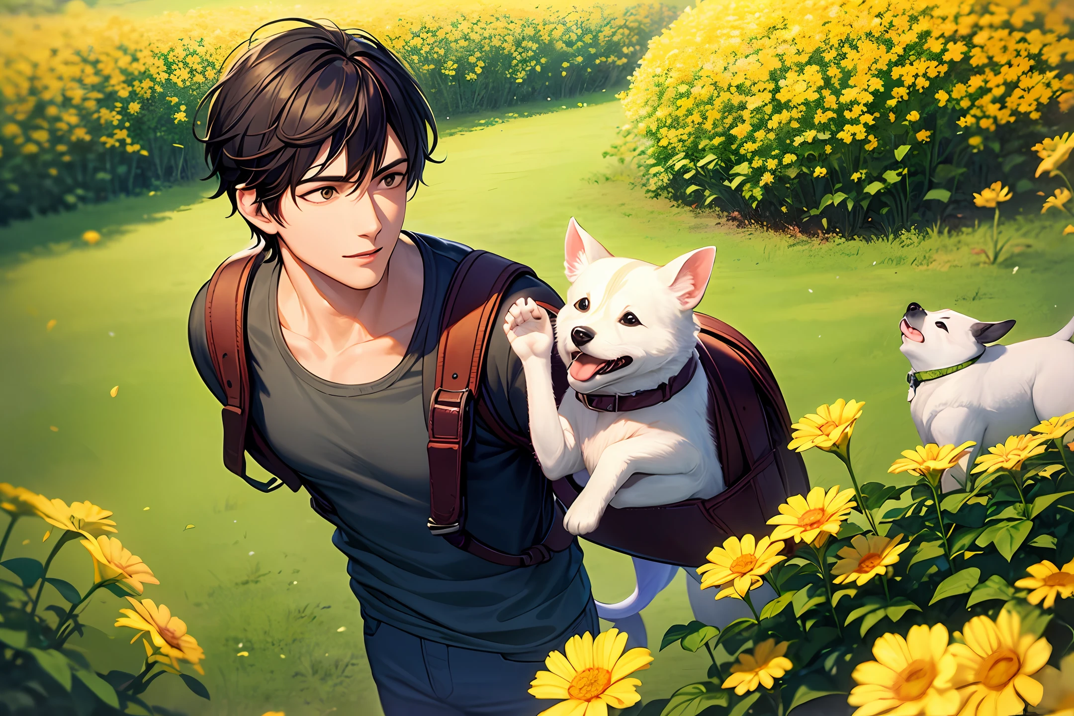 A very handsome boy with a backpack on his back and his cute puppy enjoying a cute spring outing surrounded by beautiful yellow flowers and nature. The illustration is a high-definition illustration in 4K resolution with highly detailed facial features and cartoon-style visuals.