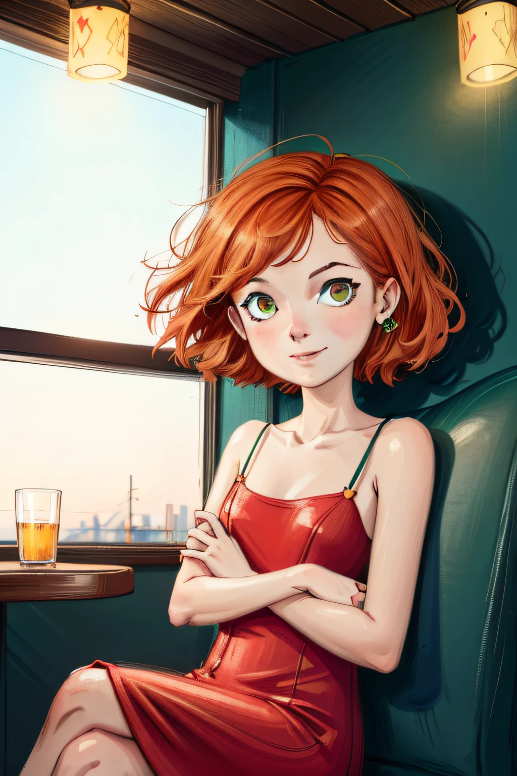 (vivid colors)(cowboy shot), sitting, restaurant,posing, different poses, ((red dress)),  vogue magazine, modeling(masterpiece), (best quality:1.0), (ultra highres:1.0), detailed eyes,
Gwen10000 1girl, bangs, orange hair, green eyes,smile ,