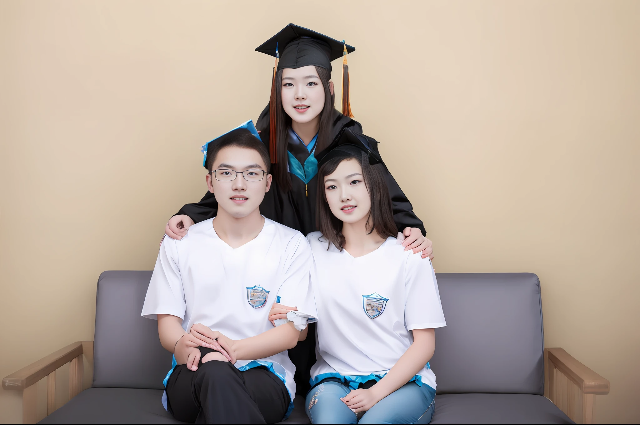 There were three people sitting on the couch, wearing graduation caps, graduation photos, professional photos, wearing academic dresses, high-quality portraits, Chinese physiognomy, son