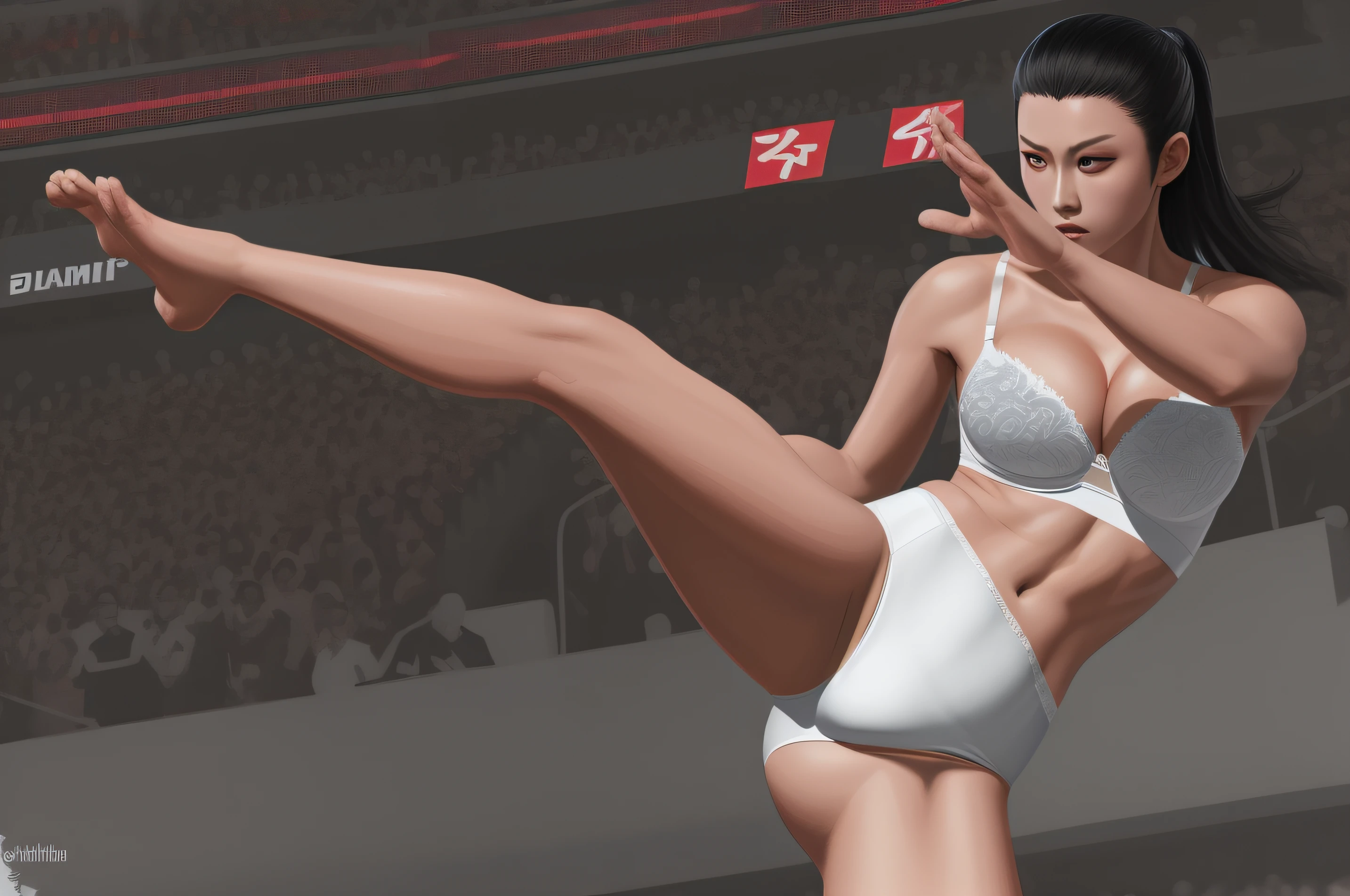 Korean martial arts woman, in white bra, white cotton panties, throwing a high kick, realistic art style, intricate details