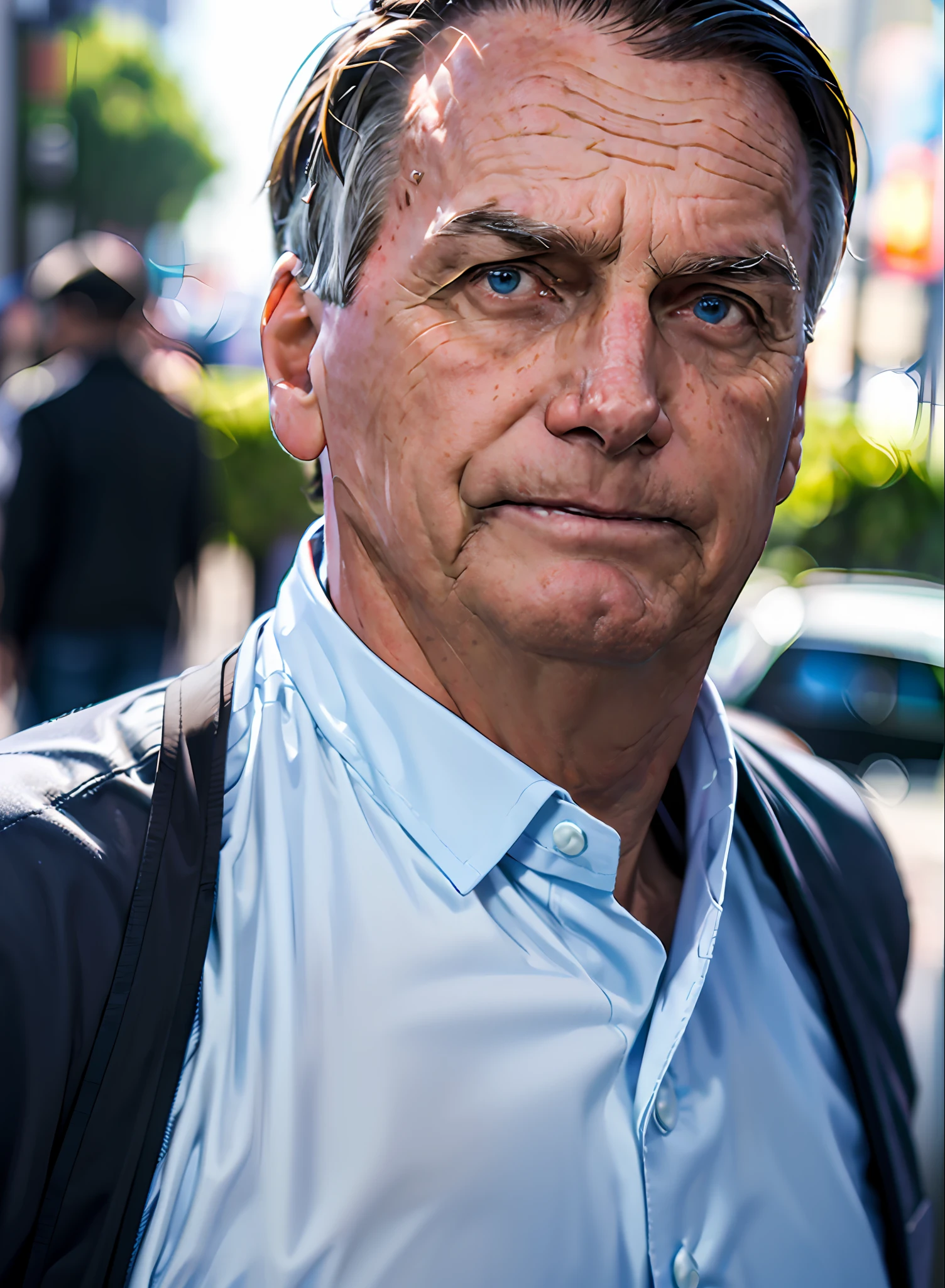 a full-body portrait of bolsonaro, wearing a Superman outfit, detailed face, (perfect eyes), (highly detailed skin: 1.1), professional photography, soft lighting, photorealistic, sunny, standing on a city street background, depth of field, RAW,, sharp focus, 8k, HD, high resolution, DSLR, high quality, Fujifilm XT3, grain film, award-winning, masterpiece