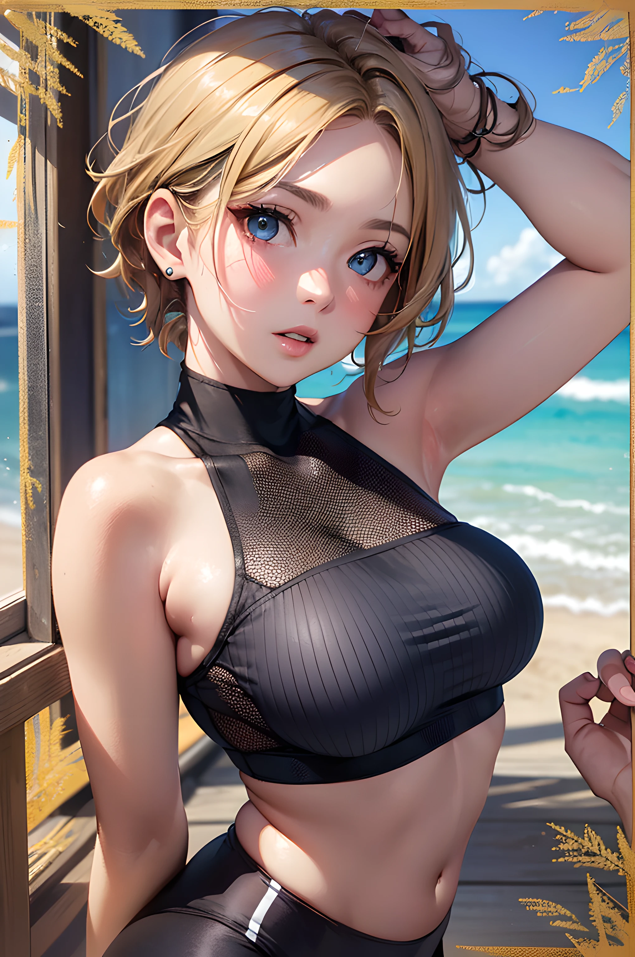 (masterpiece), (portrait), (aesthetic), (beautiful), (upper blody), (high quality), (aesthetic clothings), (professional angle), (rule of thirds), (Feminine), (woman), (female), (beautiful),(feminine features), (21 years), solo, 1 woman, (attractive Japanese), Summer, (Sun Rays), (Afternoon), (Natural light), (()), (Hands on Mat ), ((Looking Down Face)), ((Focused)), (Minimal Make-up), (Petite Bust), (Yoga Strap), ((Short Hair)), (Blonde Hair), (Wavy Hair), (Ponytail hair), (- in Hair), (Wide Open Eyes), (Blue Eyes), (Determined Look), Tan skin, (Mesh Panel Clothing), (Tank Top), (Capri Leggings), (- ), (Halter Neck Neckline), ((Beach or Waterfront background)), (Wide Shot Shot), beautiful hands, two hands, normal hands, two arms, complete hands, beautiful body, beautiful fingers, normal fingers, five fingers, five fingers, beautiful ears, normal ears, beautiful eyes, shiny eyes, beautiful mouth, beautiful lips,