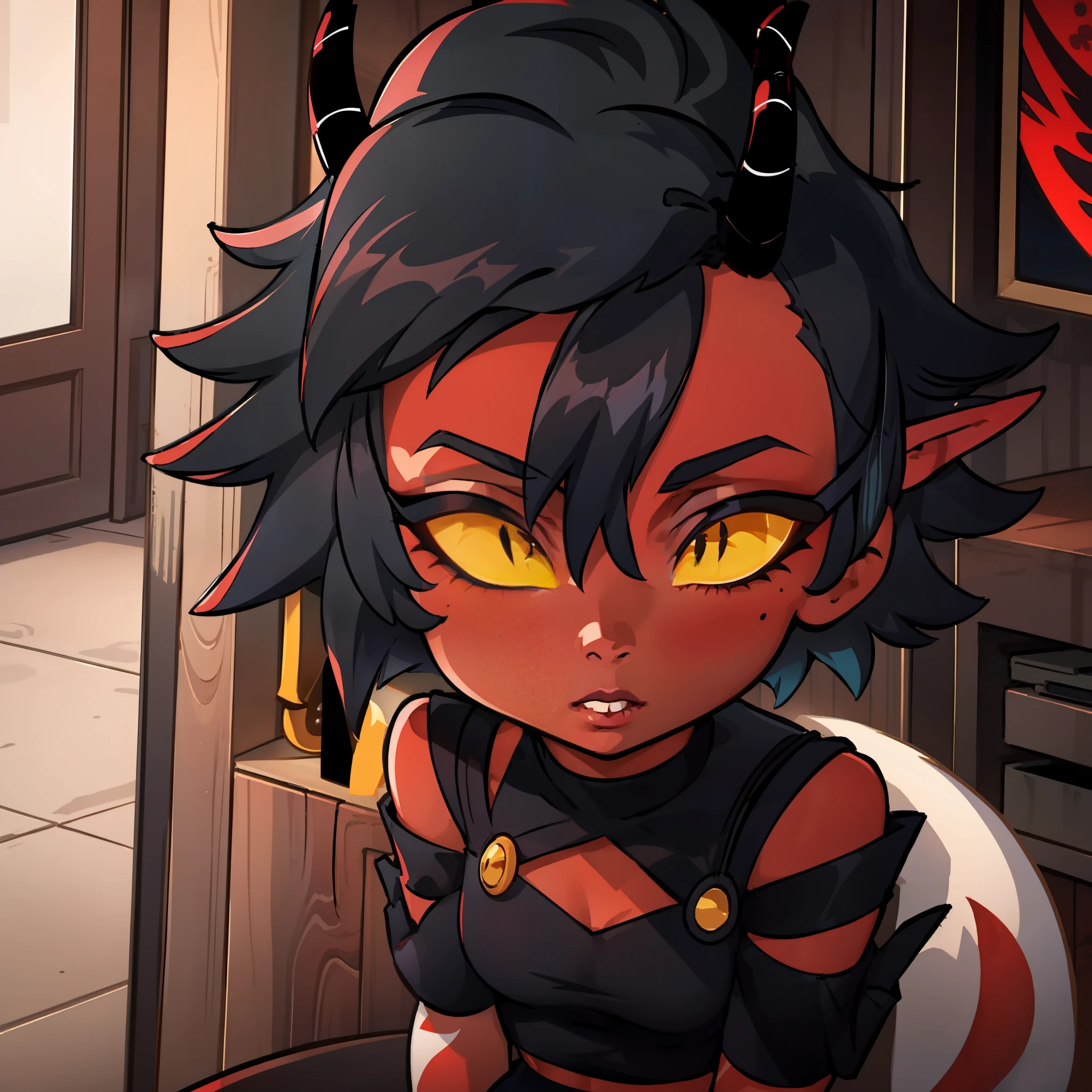 red skin, yellow sclera, black short hair, horns, black croptop, tail, elf ears, 1girl, millie, demon girl, black ripped jeans