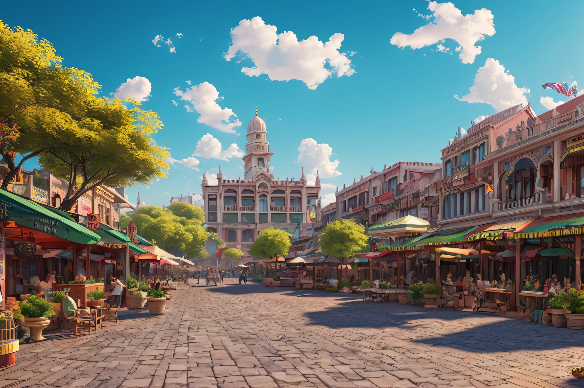 royal city, terrace, clouds, wide angle, reclamation, ancient royal city, bazaar, ray tracing, comics, 3d rendering, cartoon, cute style, sunny, outdoor, detail, 4k, hd, high quality,(8k, best quality), super detail, beautiful detail, photoreal --auto