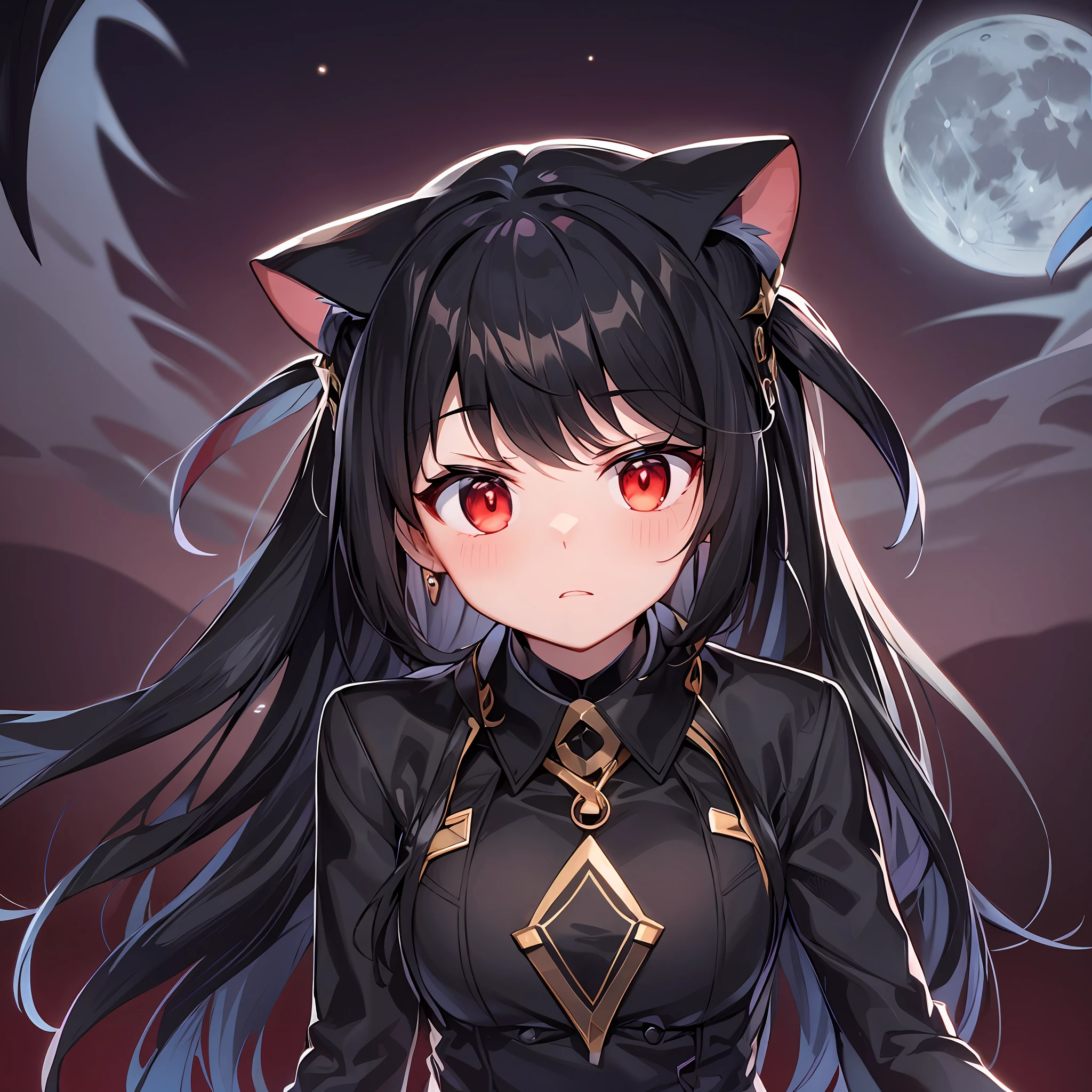 Black hair, big moon, red eyes, space backdrop, cat ears, angry