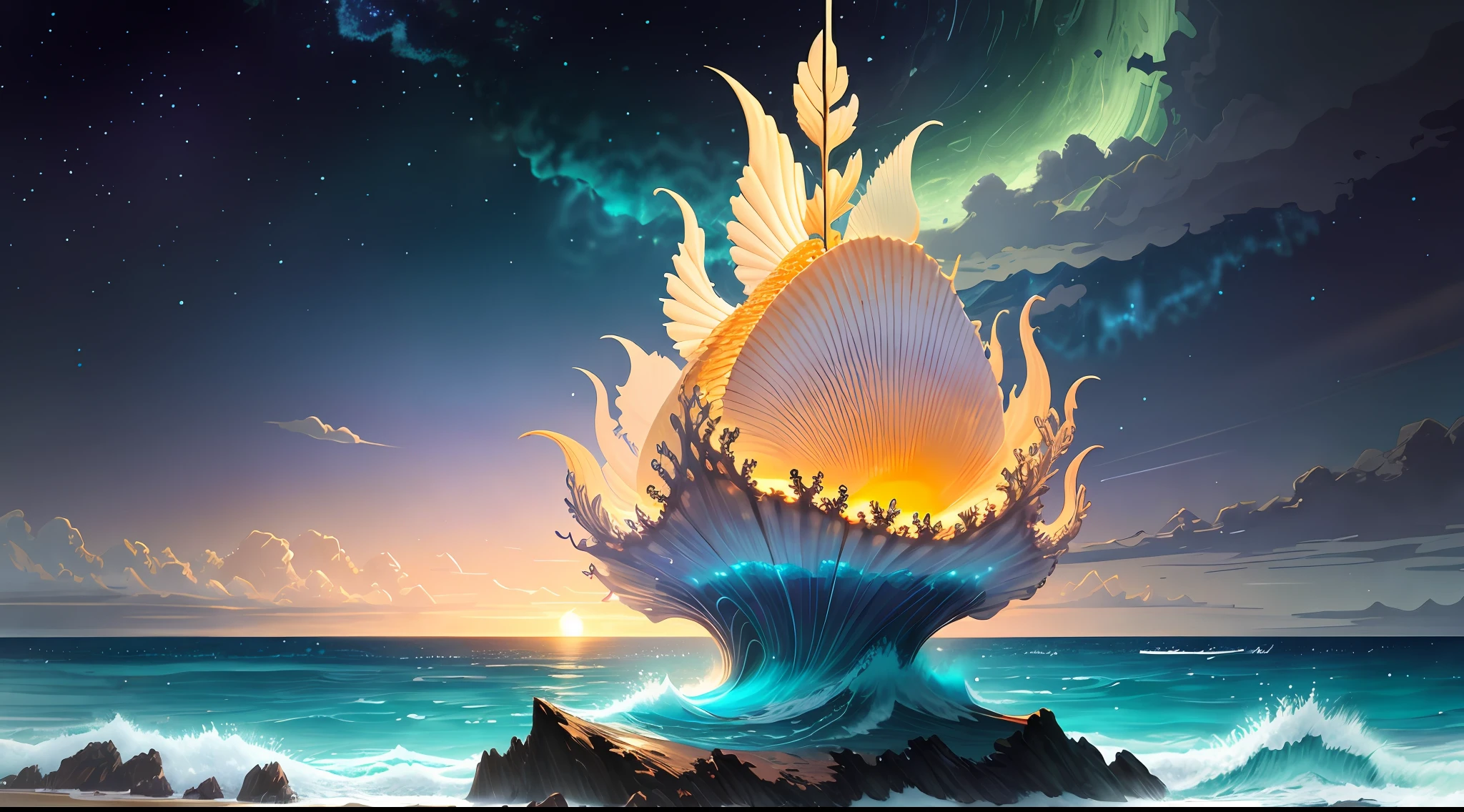 "Create a masterpiece of beautiful "giant ocean twisted Mandelbrot fractal shell, golden pearl nacre" with ultra-detailed concept art inspired. Unleash your inner Cu73Cre4ture programmer with the power of steady diffusion and bring your imagination to life! ", high detail, 8k