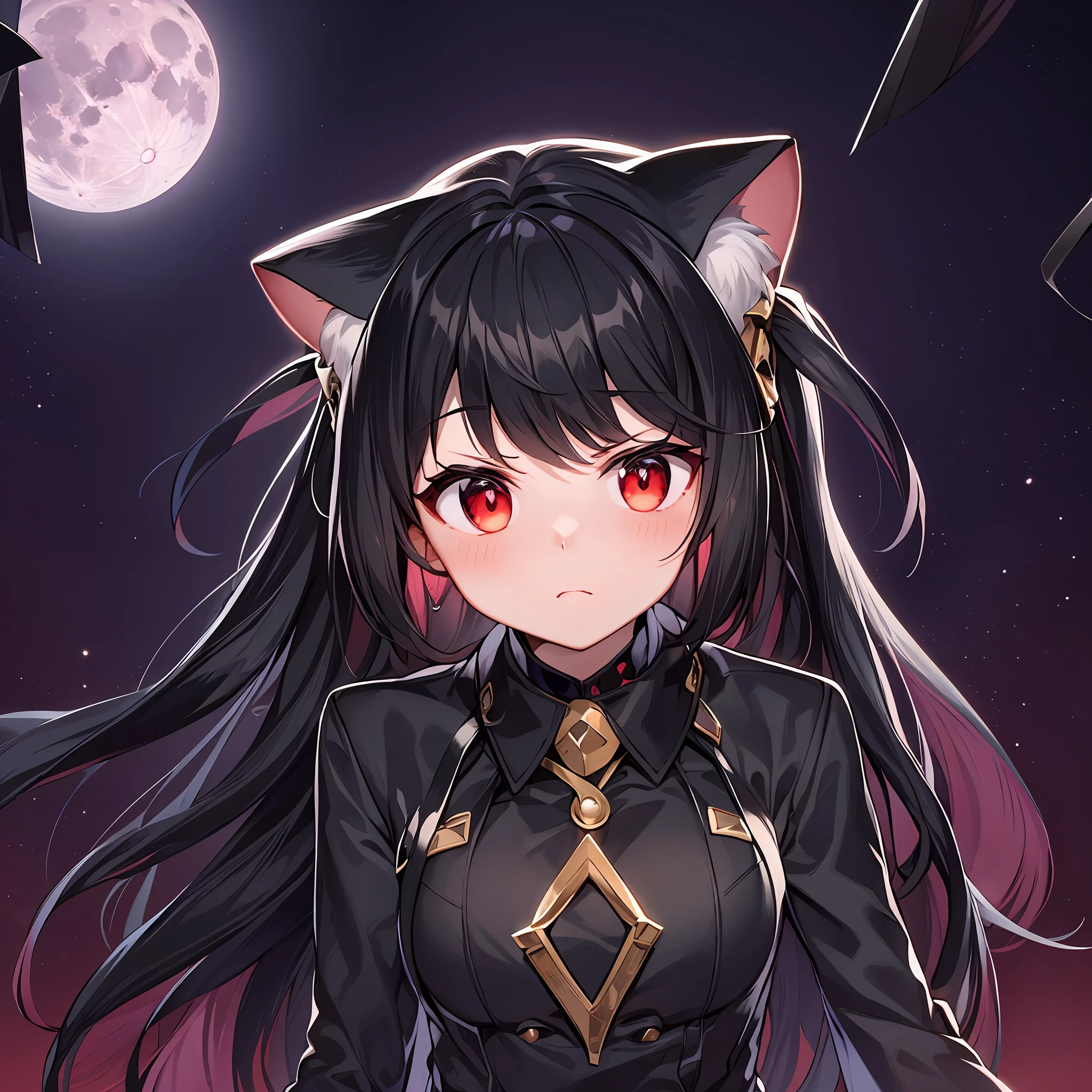 Black hair, big moon, red eyes, space backdrop, cat ears, angry
