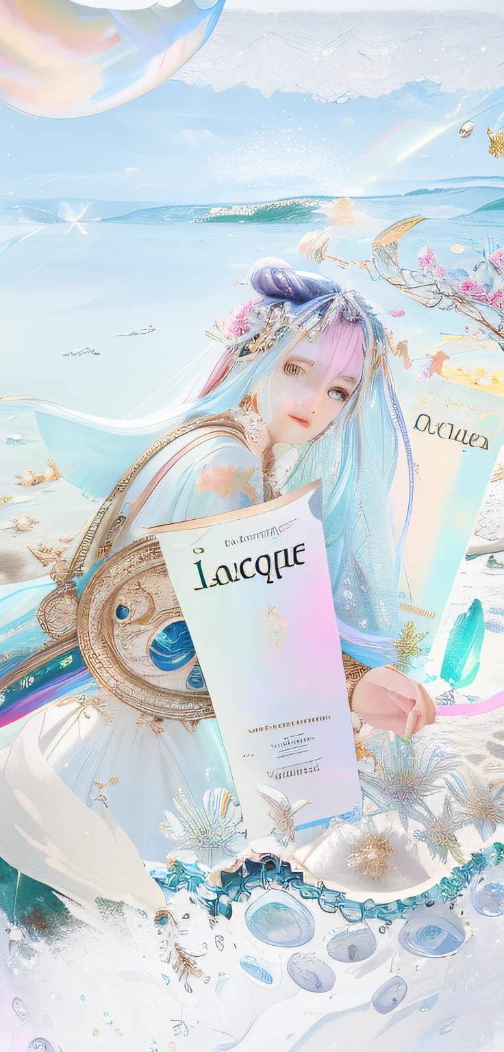 there are many different types of cosmetics on the beach, handsome, illustration iridescent, unusually unique beauty, exploitable image, iridescent radiance, iridescent skin, beauty campaign, the most beautiful, meme, beautiful aesthetic, ethereal opalescent mist, wonderful masterpiece, lanscape, digitally enhanced, 8k)), lagoon, jaw-dropping beauty, iridescent aesthetic