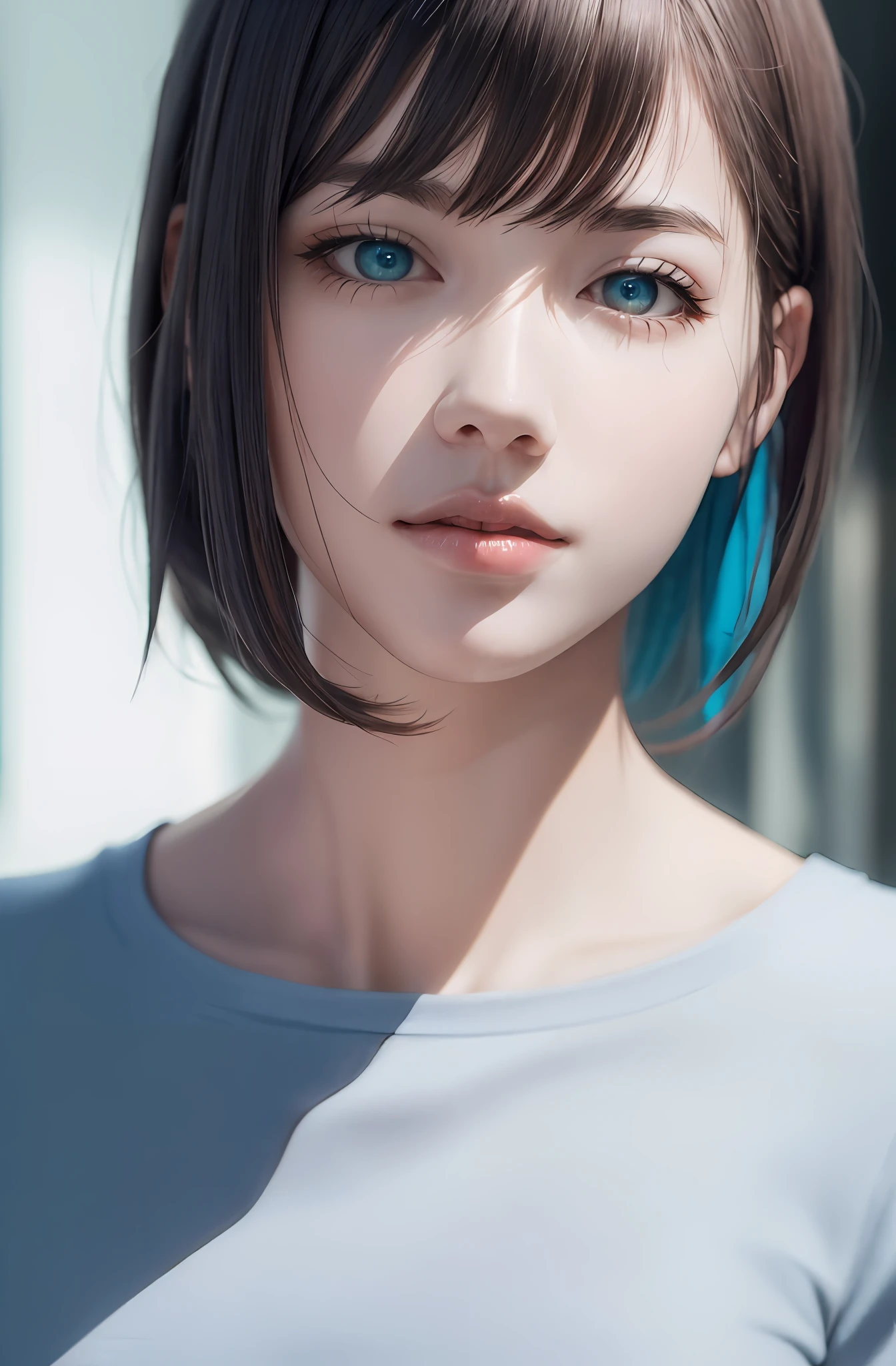 masterpiece, (photorealistic:1.4), best quality, beautiful lighting, girl, (ulzzang-6500:0.5), (short hair)+(bangs), blue eyes, cyan eyes, ((detailed eyes)), (white shirt), RAW photo, 8k uhd, film grain, high resolution, ultra fine, beautiful, young, glossy skin, super detailed, detailed face, dynamic hair, realistic lightning, alluring eyes, perfect body, delicate, beautiful neck, feminine eyebrows, 8k skin texture, detailed lips, ultra detailed, sharp focus, absurdres, glossy lips, feminine, 8k hair texture, 8k fabric texture, detailed hair, detailed skin, blush