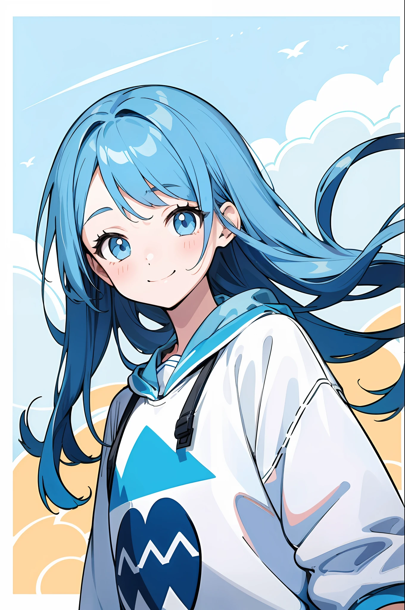 (Fine Illustration: 1.2), (Kawaii Girl: 1.0), (1girl, Solo:1.0), (Sky Blue Straight Hair: 1.0), (Sweatshirt: 1.0), (Upper Body: 1.0), (Ultra Detailed, High Resolution, 4K:1.0), (Smile: 1.0)