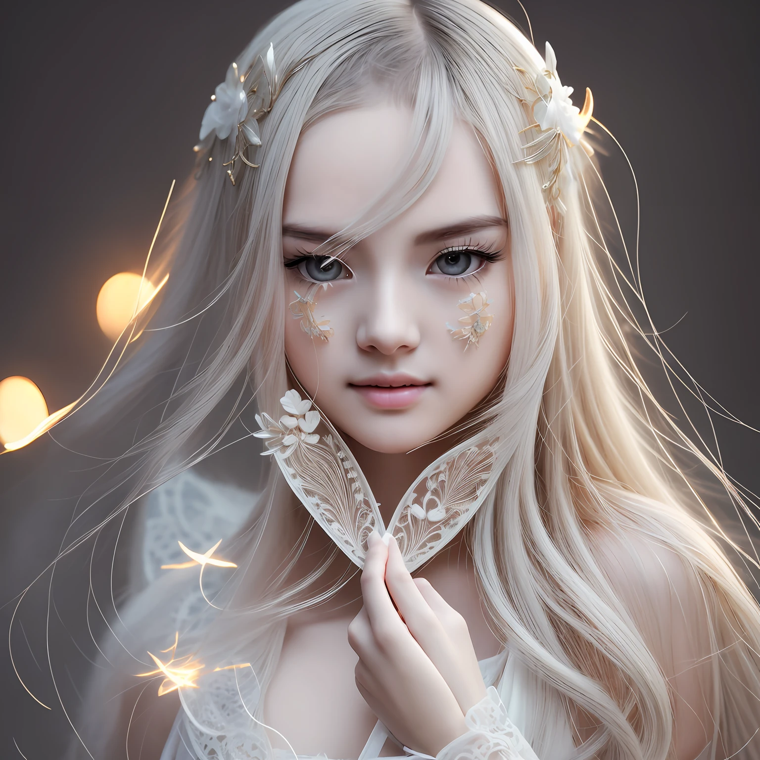 Barbie retro wave, ultra realistic, intricate detail, color white bioluminescence, wrapped with feathers white , and a beautiful lighting and metalicsilver leaves, octane render 8k --ar 2:3 --q 2 --v 4 --auto