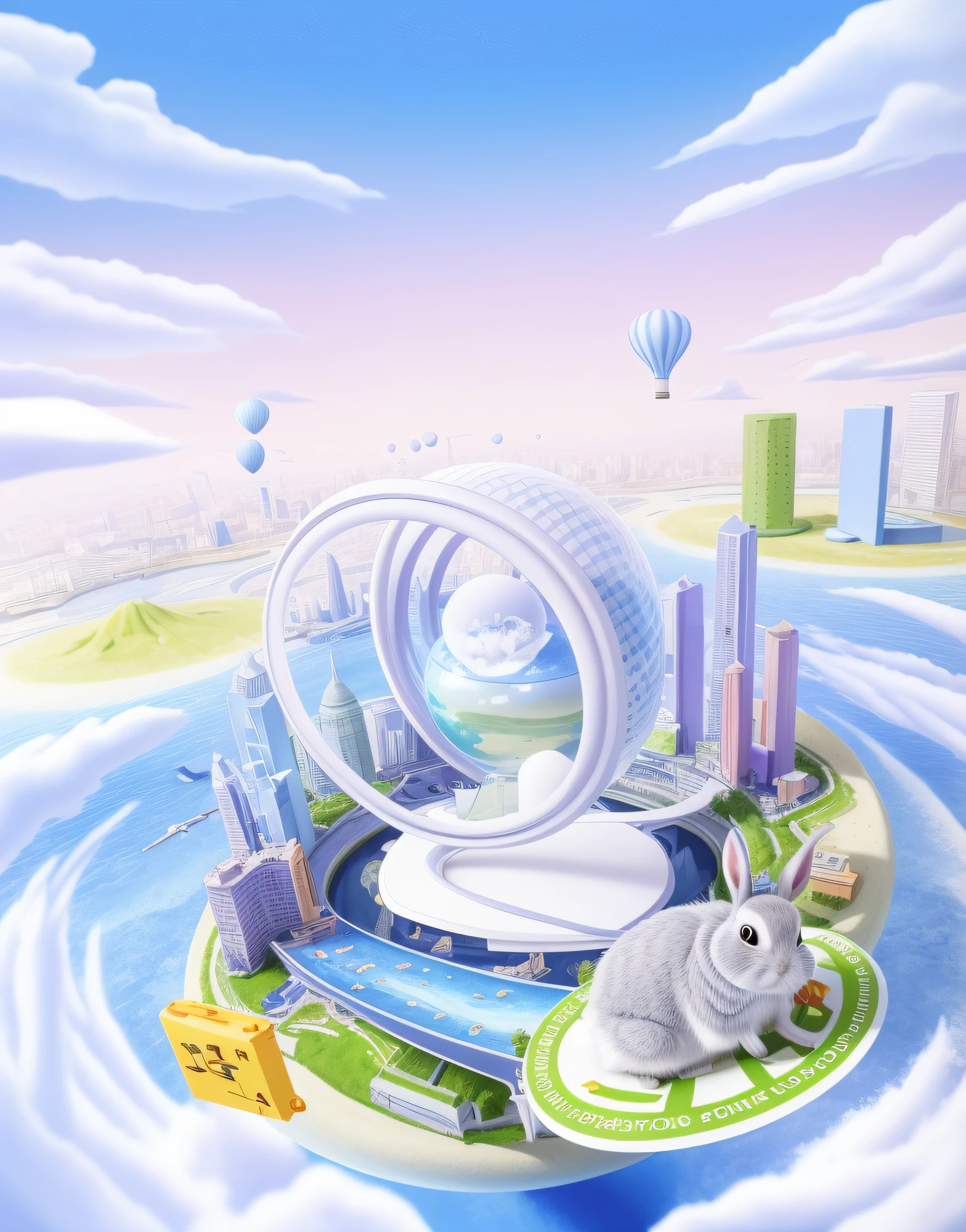 there is a picture of a cartoon of a city with a rabbit, a beautiful artwork illustration, 8 k cartoon illustration, 4 k hd wallpaper illustration, surreal 3 d render, vaporwave wallpaper environment, commercial illustration, digital illustration radiating, air brush illustration, vincent callebaut composition, trend on behance 3d art, trend on behance 3 d art