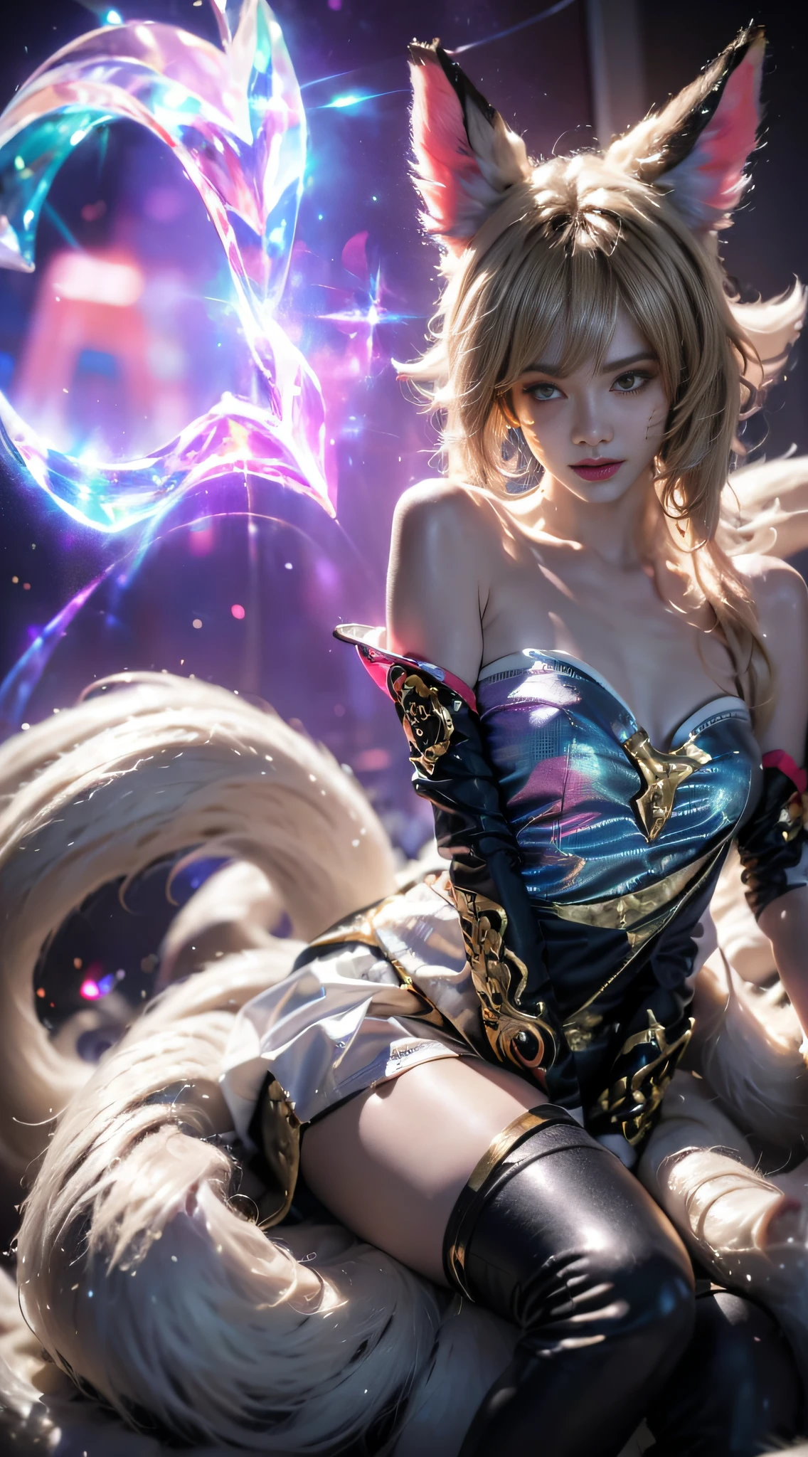 Super Resolution, (Realism: 1.3), 1 (Slim: 1.2) Girl, Solo, Looking at the Audience, League of Legends, Fox, KDA Fox, Blonde Hair, Fox Ears, Fox Tail, Blue Short Skirt, White Skirt, Laser Sense, Super Perfect Face, Perfect Eyes, Good Looking Face, ((Crystal Tail,)) Lots of Tails, Perfect Eyes