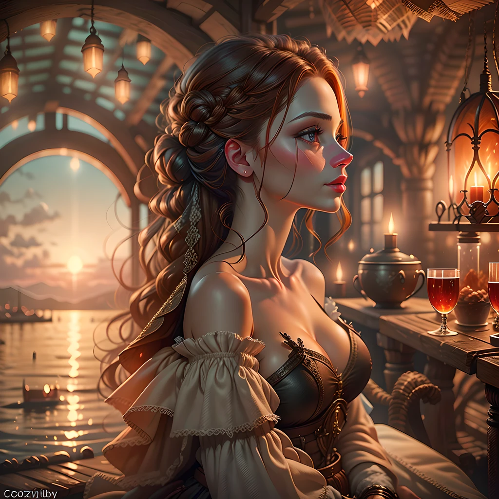 beautiful ginger women in detailed dress at cozy Yacht, air above hair, IPA award wining, masterpiece, at sunset
