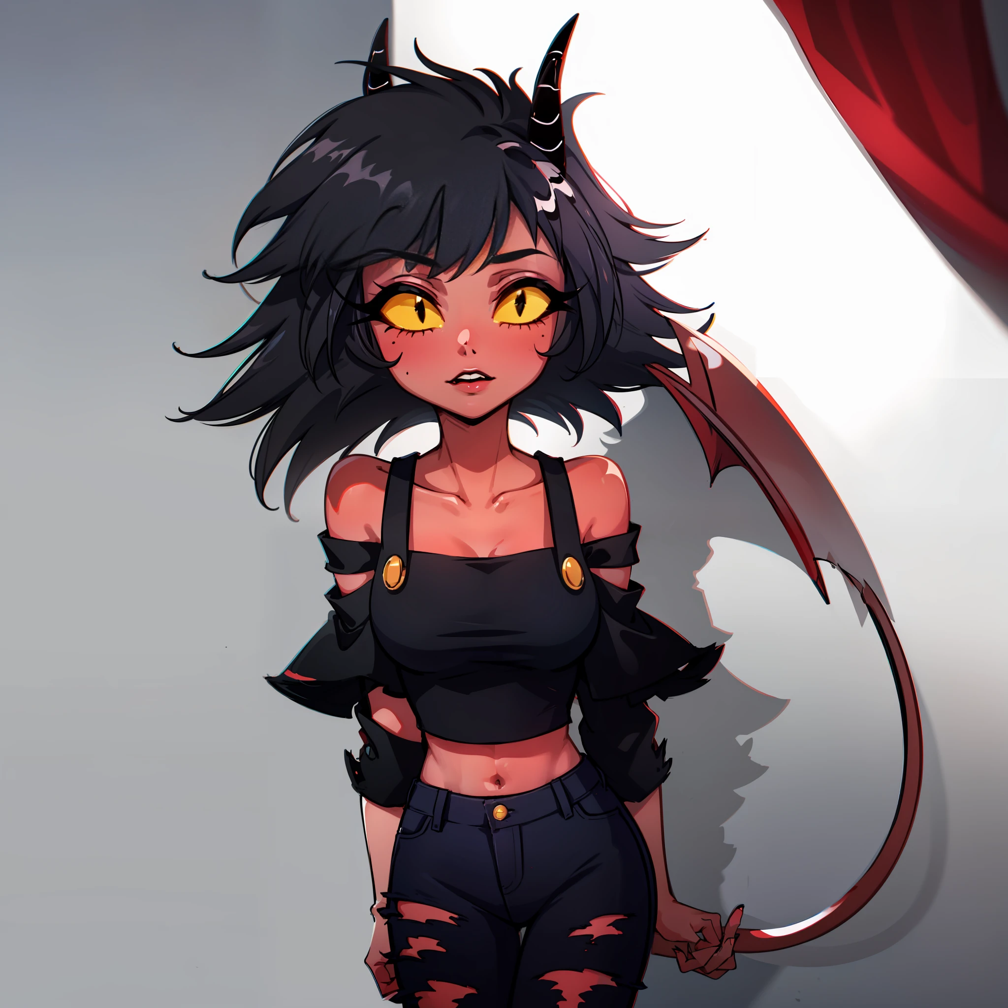 red skin, yellow sclera, black short hair, horns, black croptop, tail, elf ears, 1girl, millie, demon girl, black ripped jeans