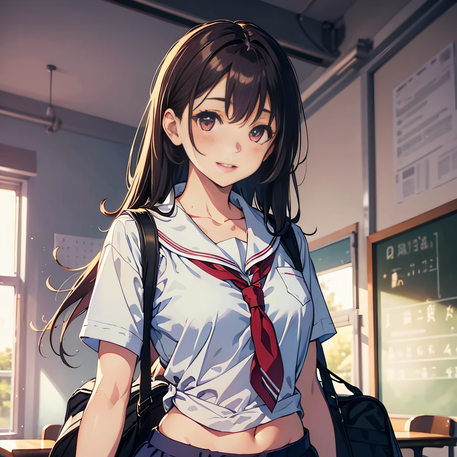 1girl, parted lips, blush, makeup, light smile, school uniform, classroom, school bag, light rays, glow, thighs, collarbone, narrow waist, (masterpiece), wallpaper,