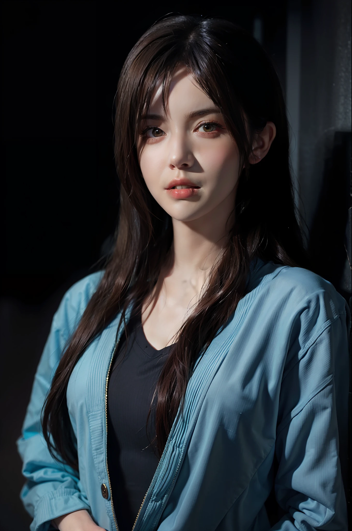 Hyperrealist portrait of female by david hockney and alphonse mucha,fantasy art, photo realistic, dynamic lighting, artstation, poster, volumetric lighting, very detailed faces, 4 k, award winning,, 1girl, in the dark, deep shadow, low key,cowboy shot,(official clothing:1.4) ,long hair,white hair,