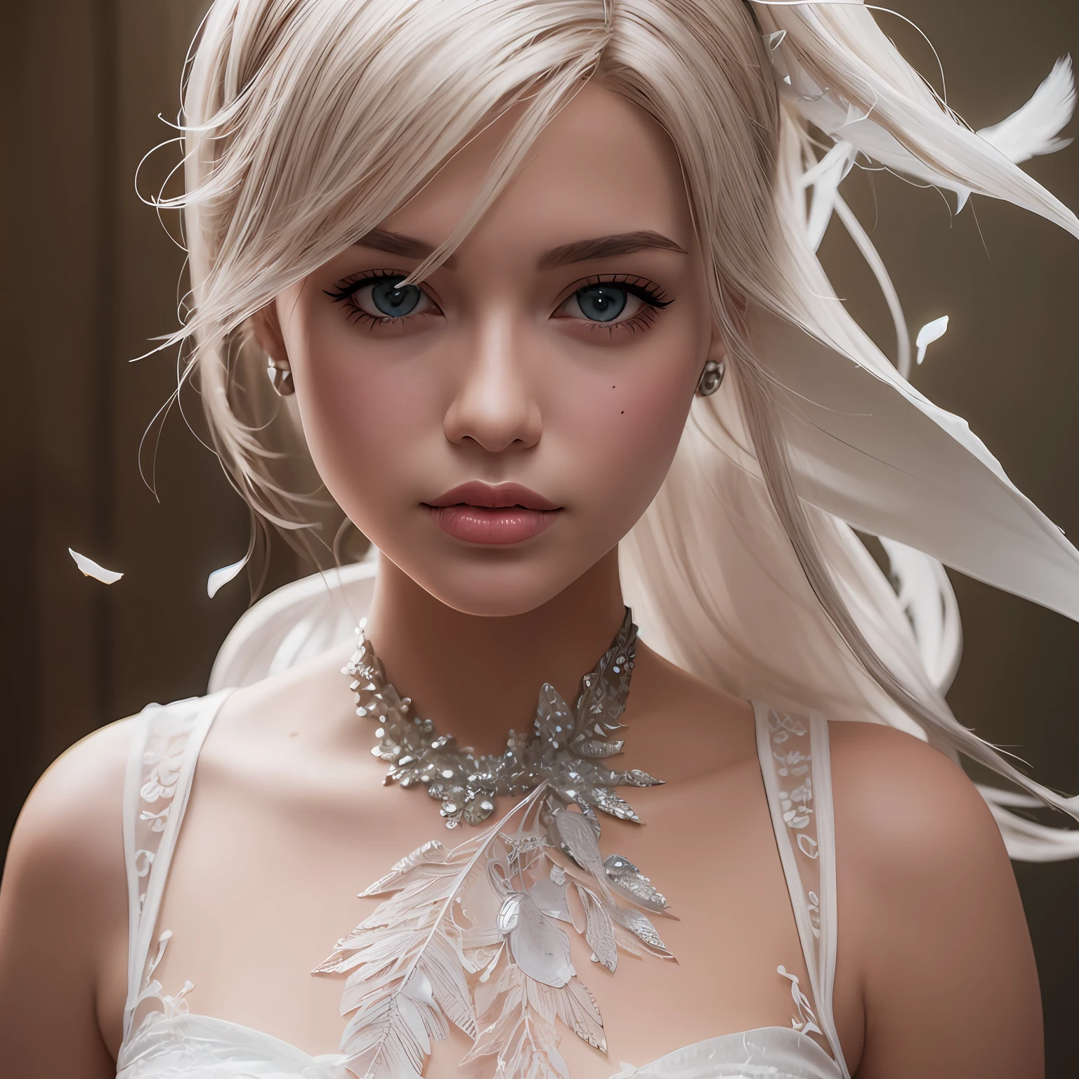 Barbie retro wave, ultra realistic, intricate detail, color white bioluminescence, wrapped with feathers white , and a beautiful lighting and metalicsilver leaves, octane render 8k --ar 2:3 --q 2 --v 4 --auto