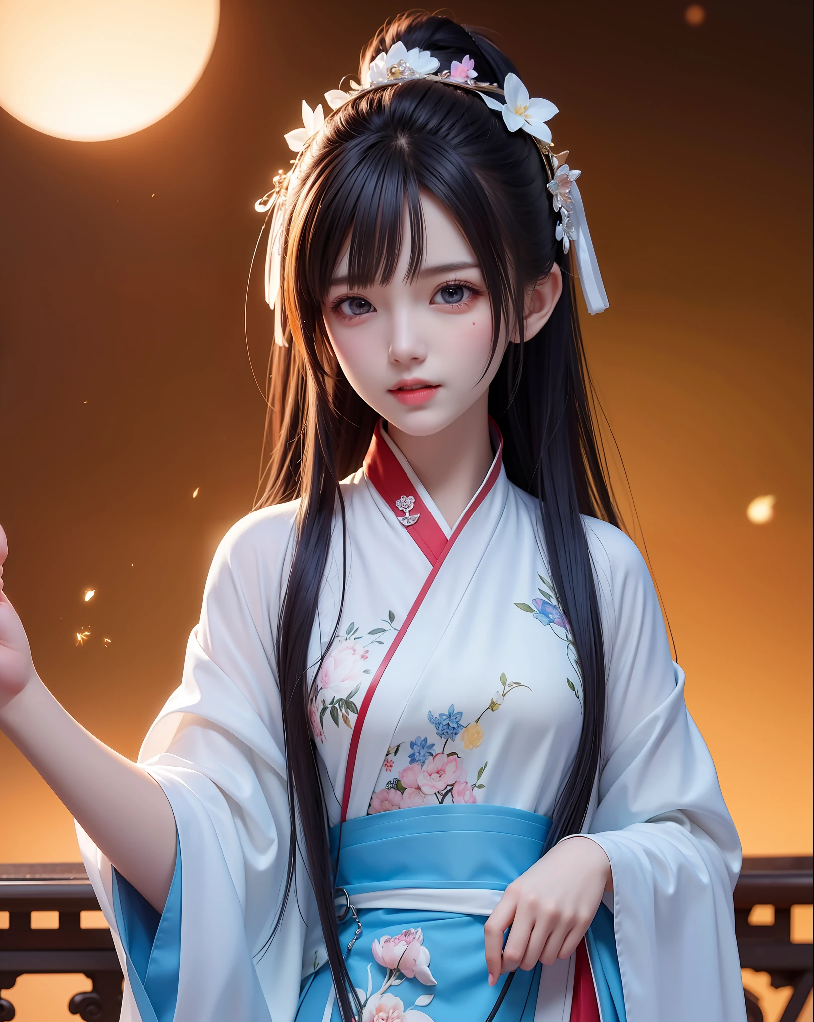 (8k, RAW photo:1.2), best quality, ultra high res,dramatic angle,(fluttered detailed color splashs), (illustration),(((1 girl))),(long hair),(rain:0.9), (头饰:1.4),少女身边有一座古宫,汉服,(重点),彩色水墨画,(泼彩),泼彩,(((colorful))),(素描:0.8) , Masterpiece, best quality, beautiful painted, highly detailed,(denoising:0.6),[splash ink],((ink refraction)), (beautiful detailed sky),moon,highly,detaild,(masterpiece, best quality, extremely detailed） CG unity 8k壁纸，杰作，最好的质量，超详细），（石蒜），