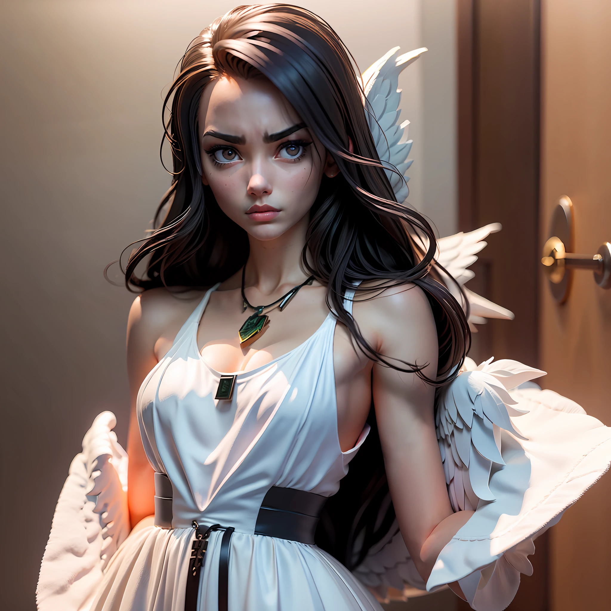 young woman 23 years, long hair, angel, white clothes, dress, necklace, perfect eyes, clean face, unique beauty, striking look, serious face, --auto