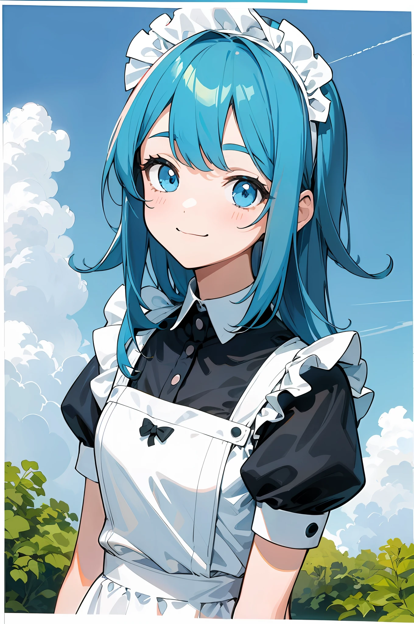 (Fine Illustration: 1.2), (Kawaii Girl: 1.0), (1girl, solo:1.0), (Sky Blue Straight Hair: 3.0), (Maid Outfit: 1.0), (Upper body: 1.0), (Ultra Detailed, High Resolution, 4K:1.0), (Smile: 1.0)
