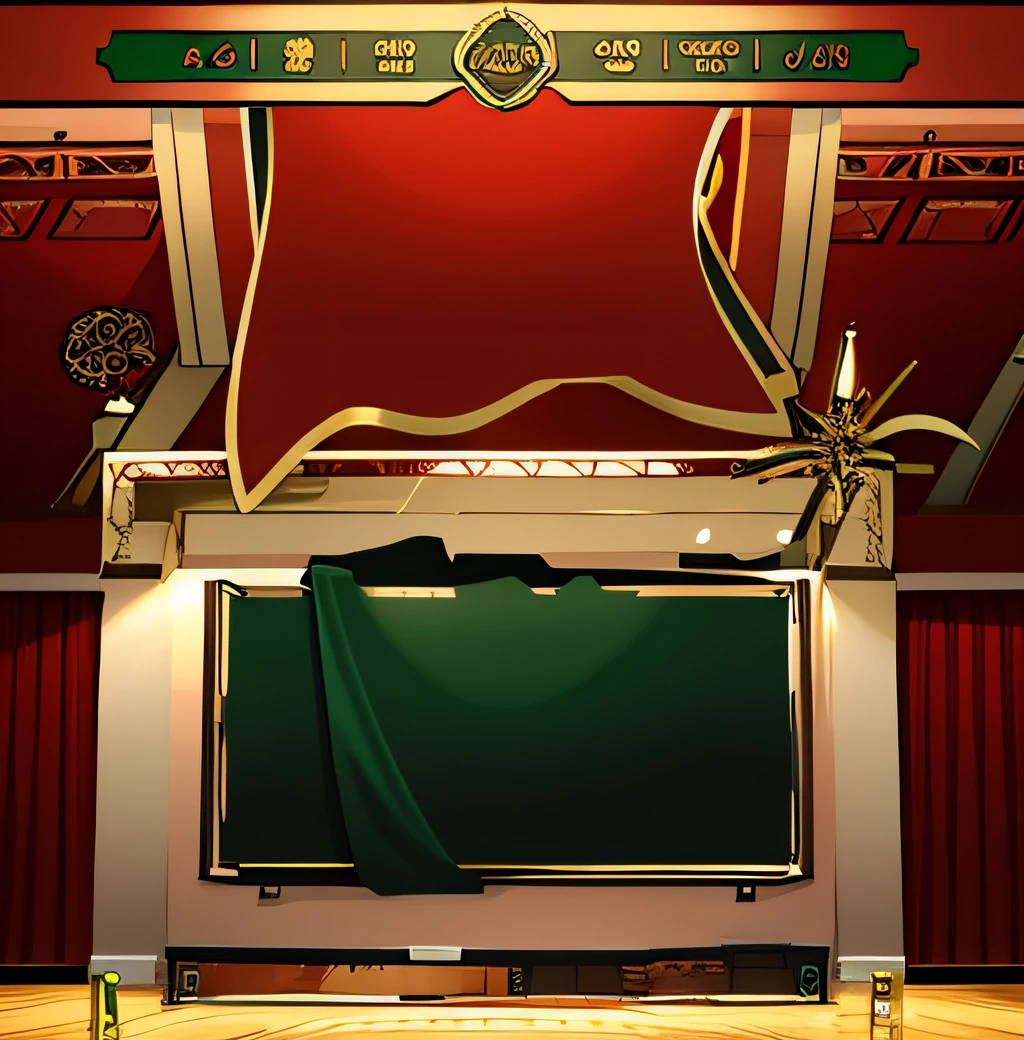 there is a picture of a red and green building with a clock, game overlay, ballroom background, red and green color scheme, volley court background, dance hall background, game interface, game screen, background art deco palace, stage background, bright uniform background, personal room background, random background scene, highschool background, palace background, backside of scenography elements