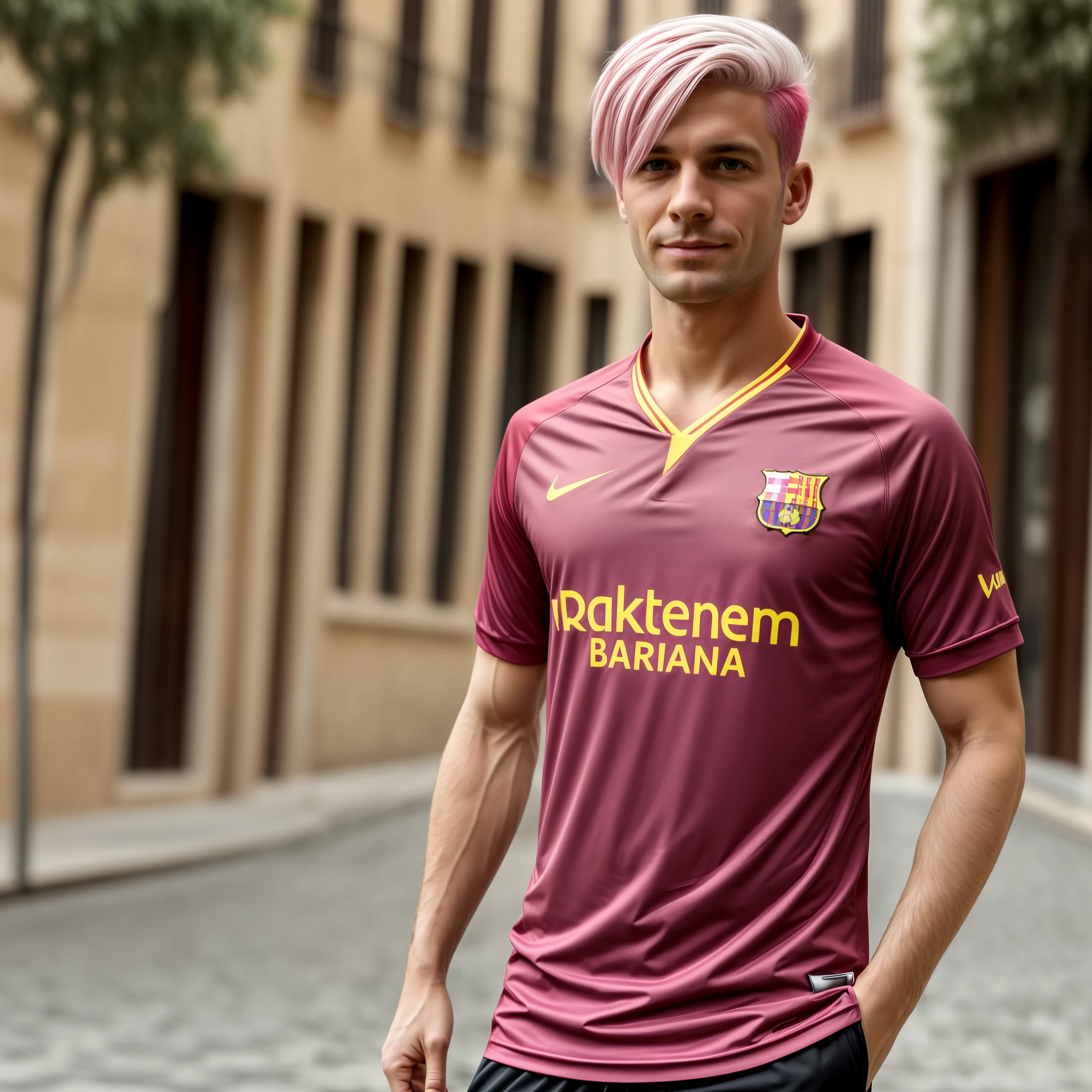 White man with pink hair in Barcelona shirt