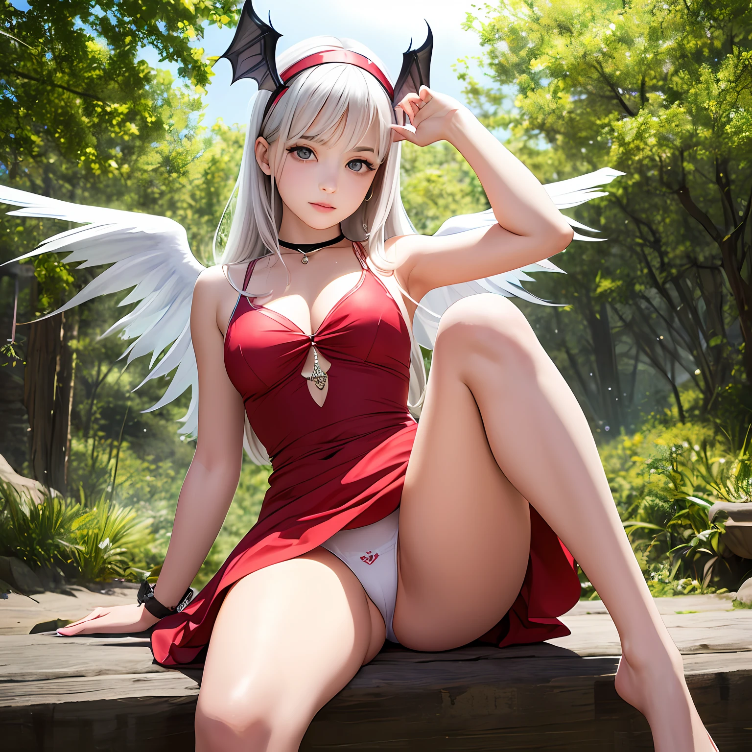Realistic portrait. Photograph. High image quality. 4k。 Create an image of an adorable who is a wizard. She is a breathtaking beauty that attracts everyone's attention. She has long white hair and eyes that emit a very striking ruby-like red glow. The chest is small, the legs are not thick. She wears a red dress that complements her look, and underwear is a striking white pair of white pants. The skirt is short enough to reveal the pants, and she wears a headband on her head, symbolizing her in the shape of bat wings. Draw her in a pose that represents her magical powers. In the background is a magical forest and places decorated with magic symbols and runes, creating an enchanting atmosphere worthy of a wizard. Camel toe. Vagina. Nipple. Sit with your legs wide open. There are no feathers on the back.