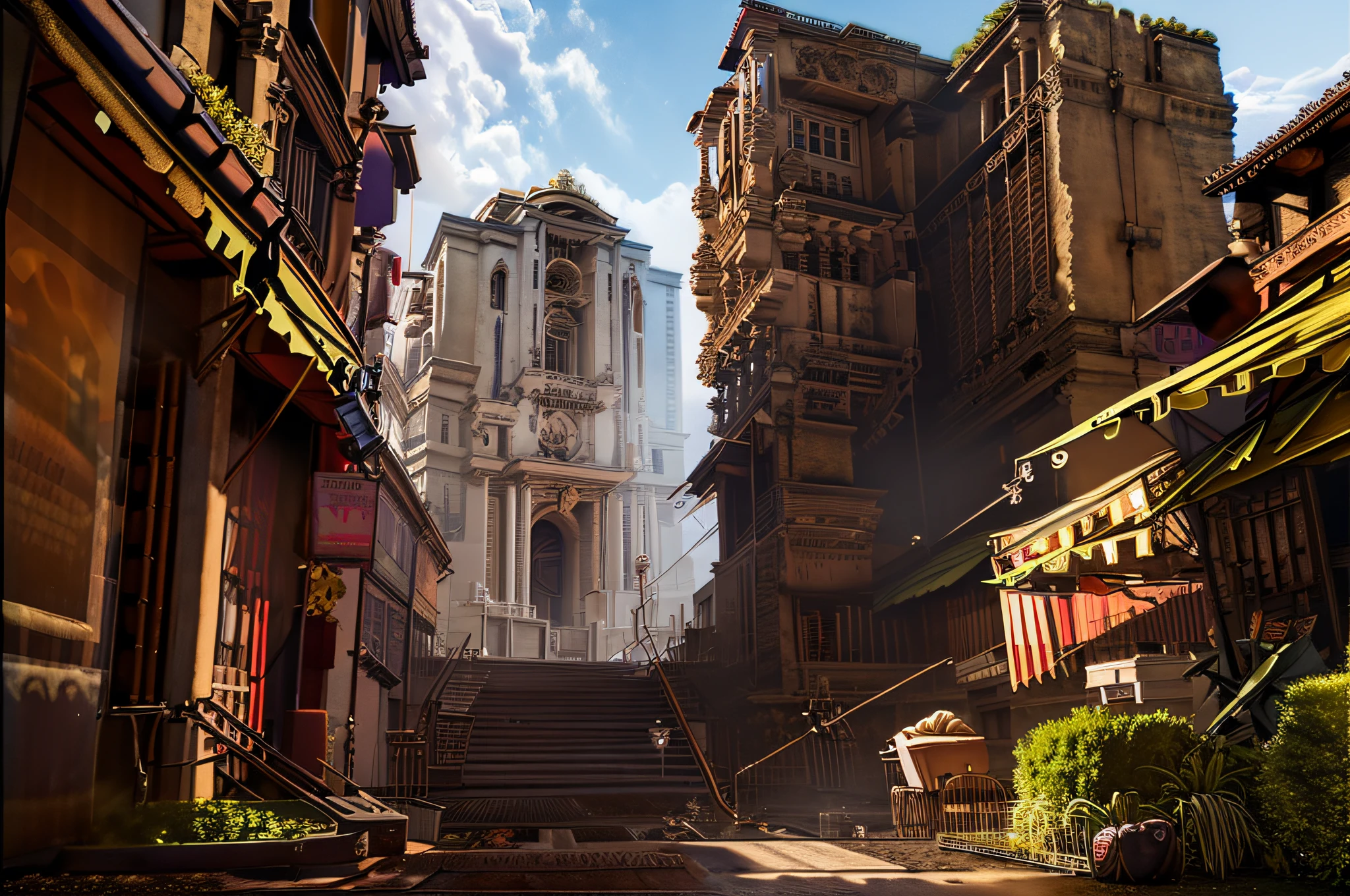 royal city, terrace, clouds, wide angle, reclamation, ancient royal city, bazaar, ray tracing, comics, 3d rendering, cartoon, cute style, sunny, outdoor, detail, 4k, hd, high quality,(8k, best quality), super detail, beautiful detail, photoreal --auto