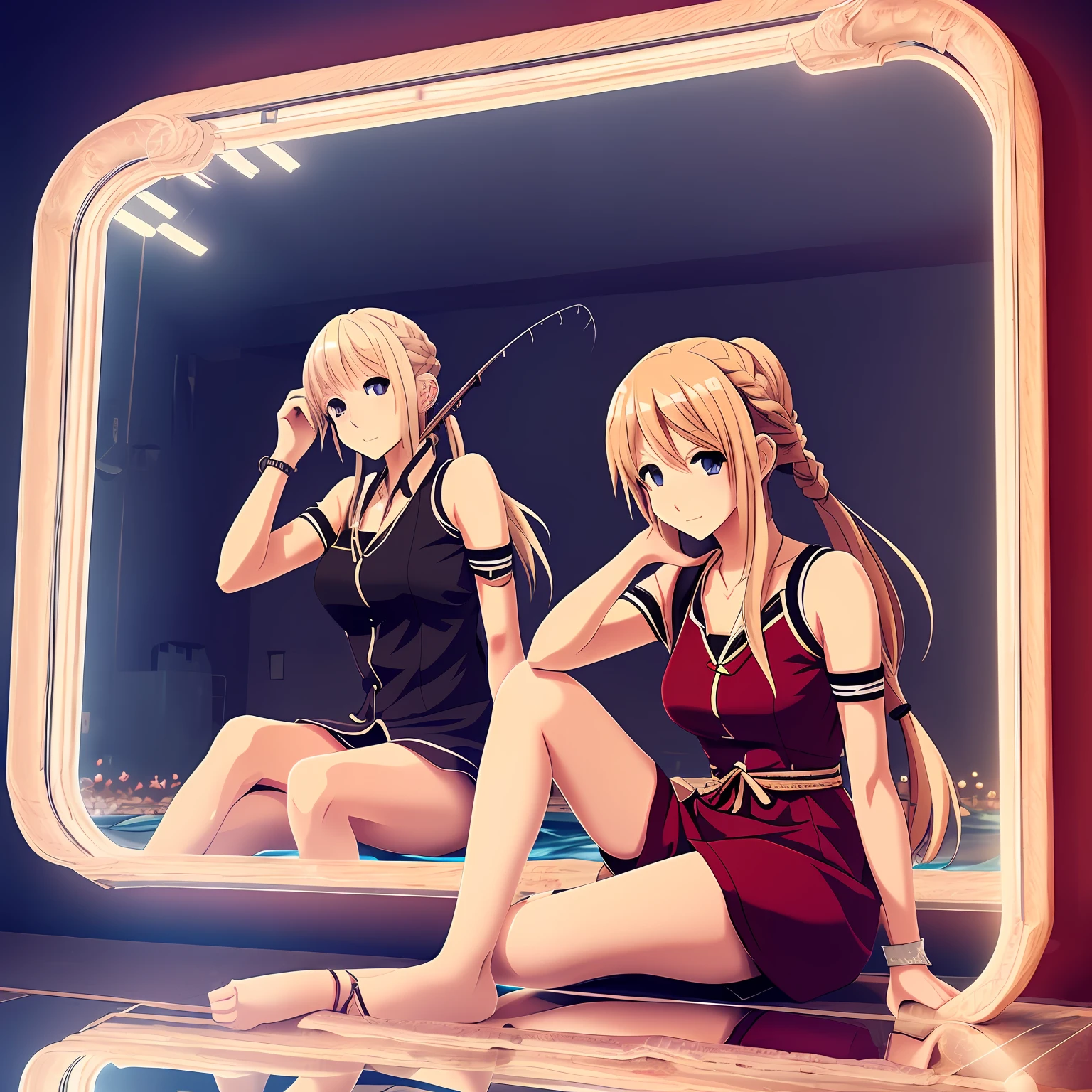 blonde hair, fishing eyes,, red eyes, red lips,((Japan anime stuff)),2D glow, UHD, masterpiece, high detail, high quality, award-winning, top quality, high definition, braid, (juvenile), (full body reflected)), crying laughter, sitting on bench, anatomically correct, cute