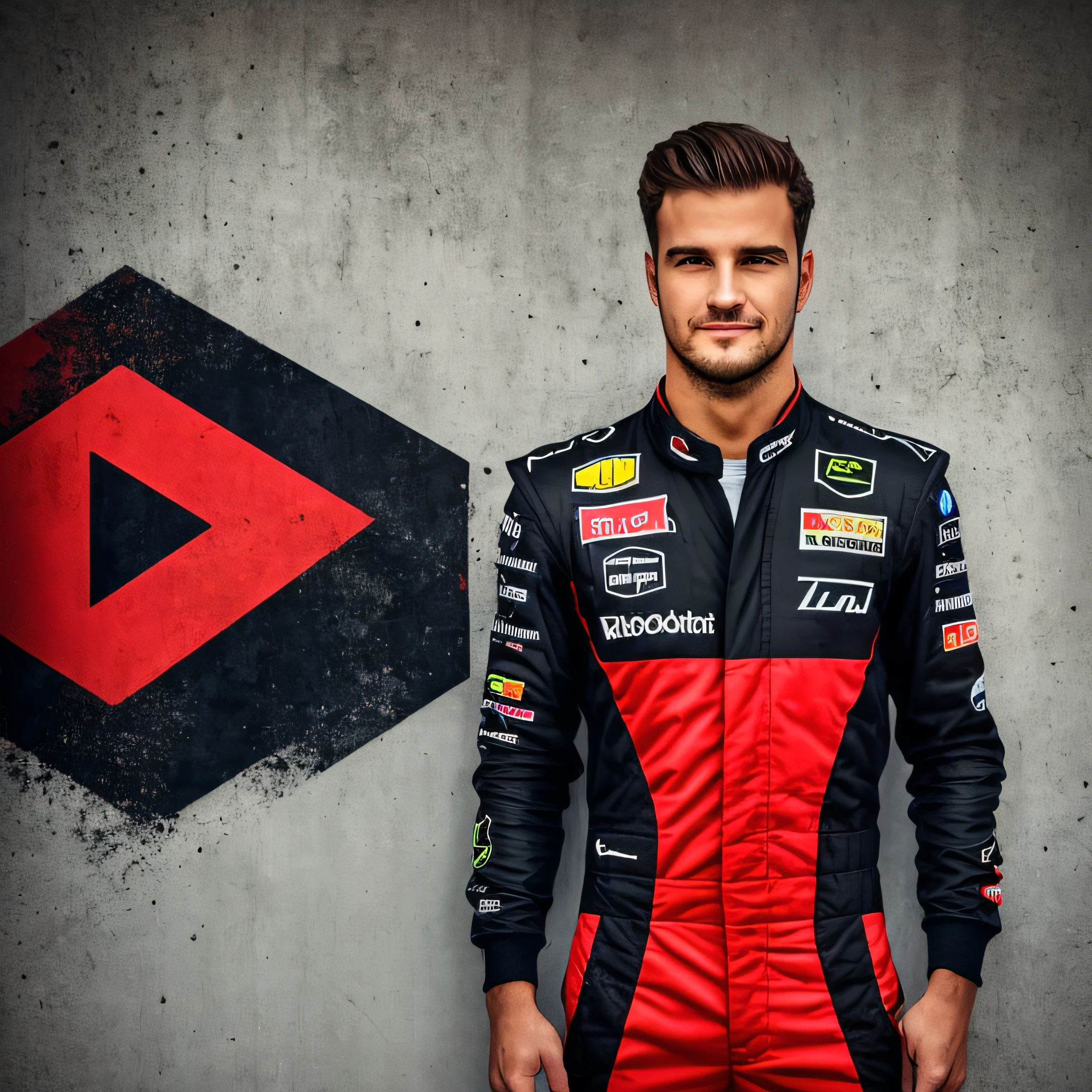a half body portrait with a guy with Arms crossed, body at a 45-degree angle to the left, in a black and red F1 jumpsuit. --auto