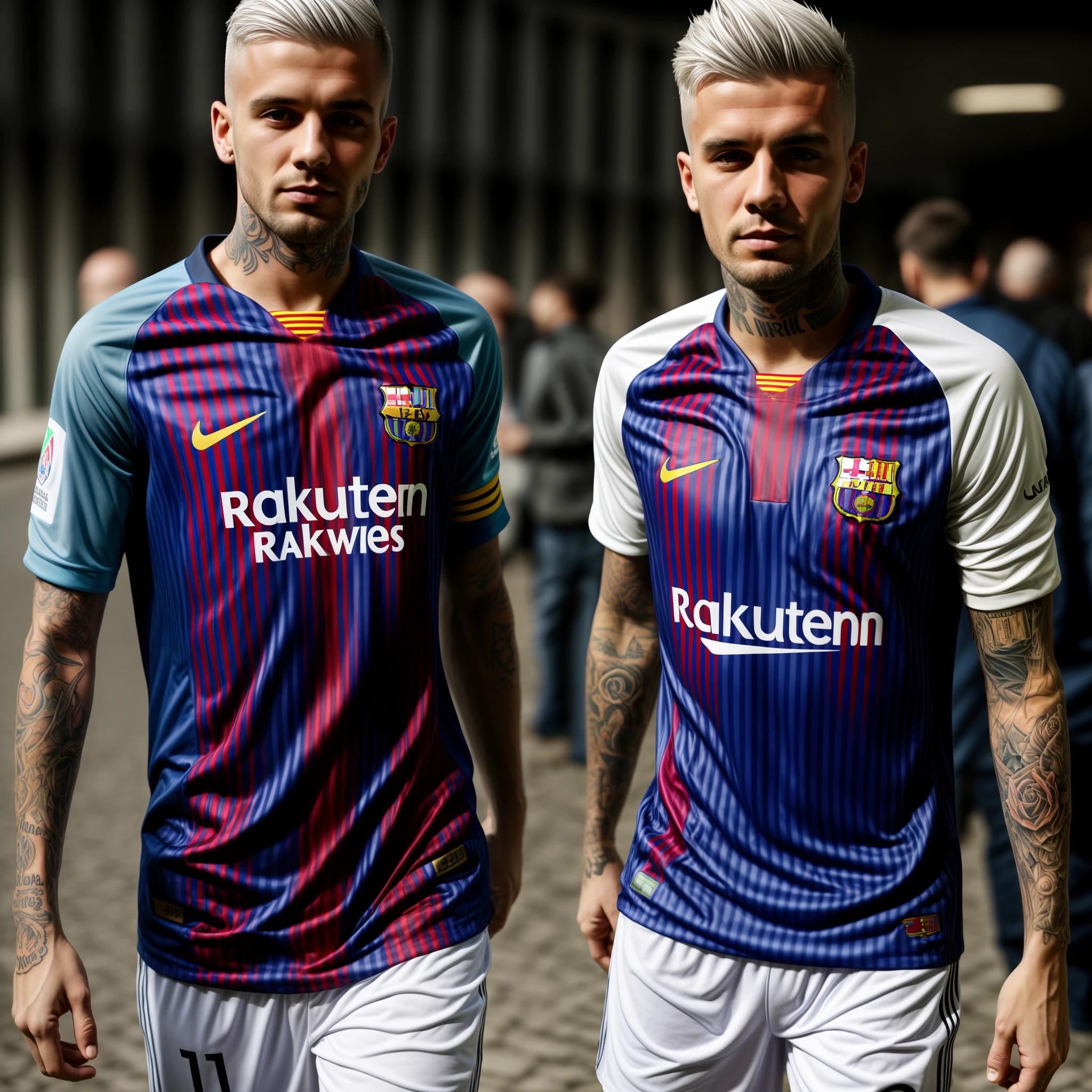 White-haired man with tattoos on his body with Barcelona shirt