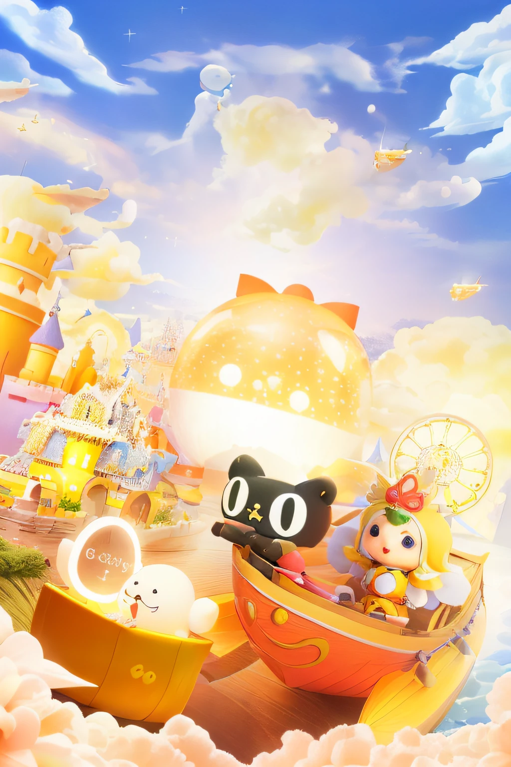 cartoon characters are riding in a boat in the sky, kawaii hq render, cute 3 d render, bubbly scenery, !dream concept art, highly detailed scene, fairy tale style background, cute:2, cute! c4d, fantasy puffy sky, yellow magic theme, ( ( 3 d render ) ), beautiful kawaii lighting, cute detailed digital art, flying cloud castle --auto